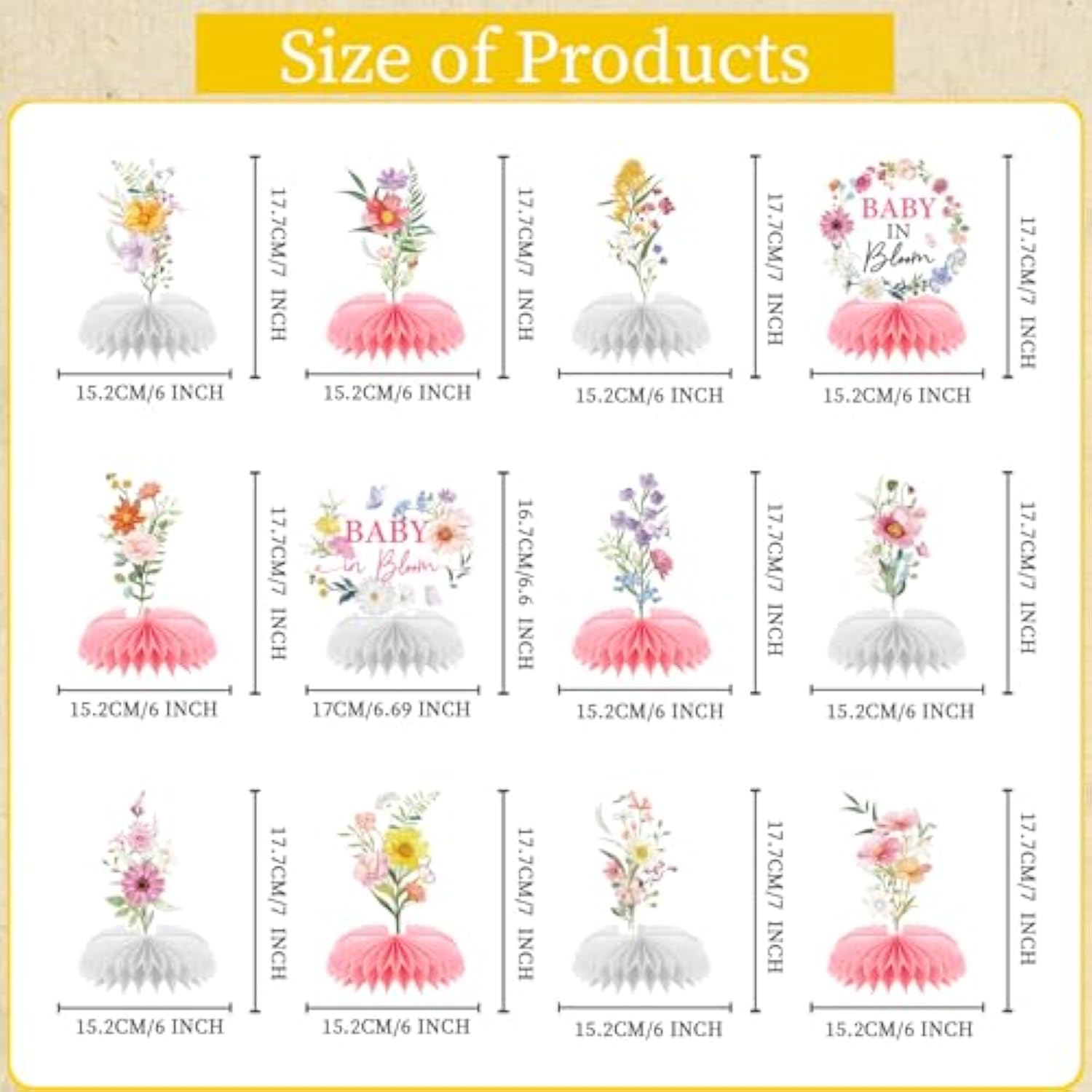 12PCS Baby in Bloom Wildflower Honeycomb Centerpieces – Floral Baby Shower Decor