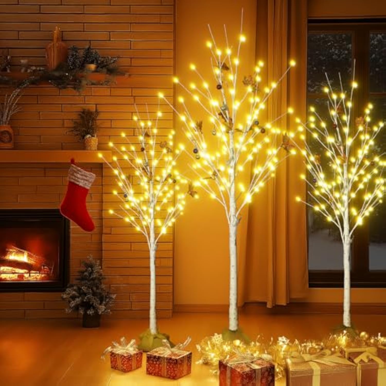 Lighted Birch Tree For Christmas Decor, Pack Of 3 Prelit Christmas Tree 4Ft 5Ft 6Ft, Warm White Christmas Tree For Indoor Christmas Decorations. (White)