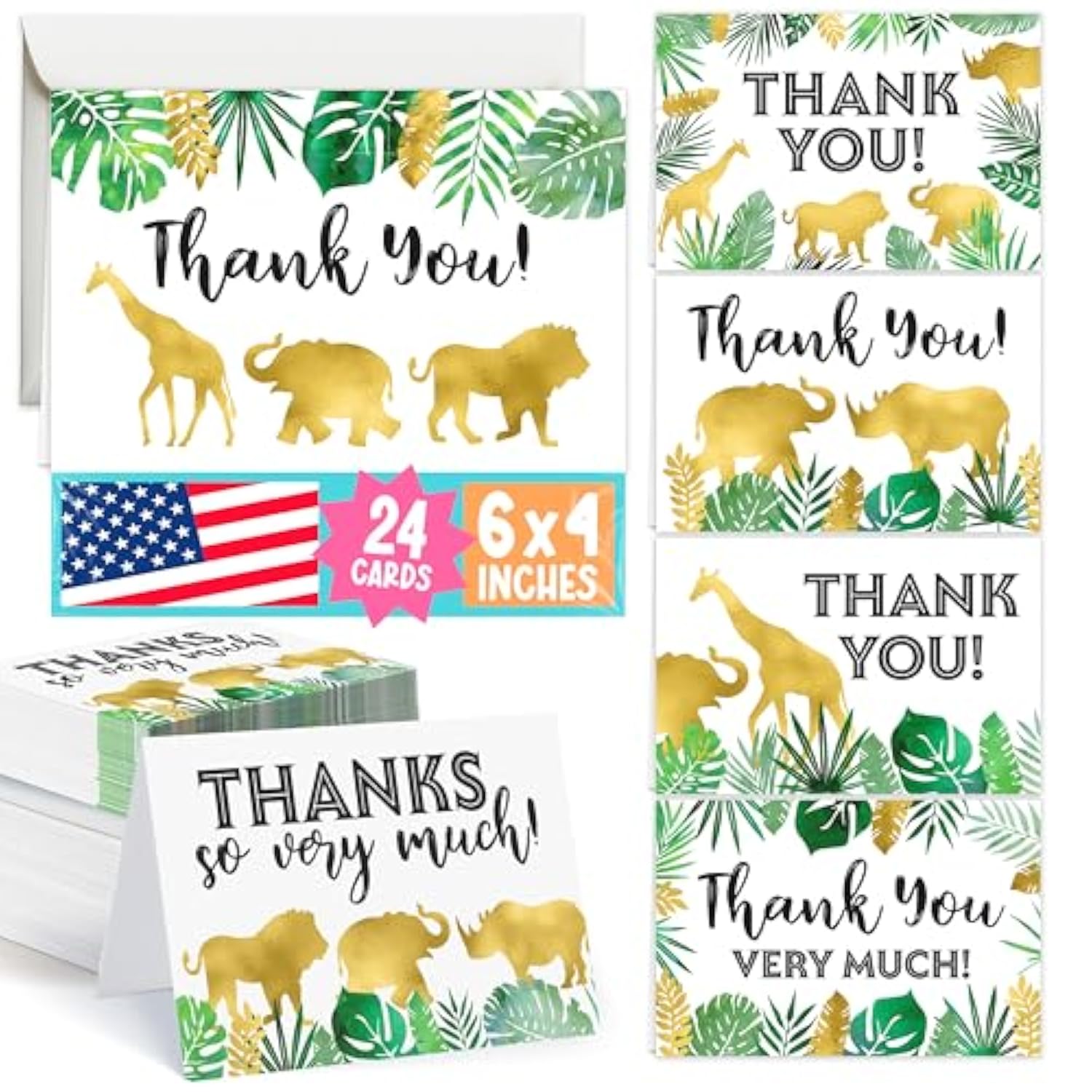 24 Kids Thank You Cards Birthday - 4X6 Jungle Safari Baby Shower Thank You Cards With Envelopes Kids Thankyou Notes Bulk, Blank Teacher Appreciation Notes, Party Supplies, Made In Usa