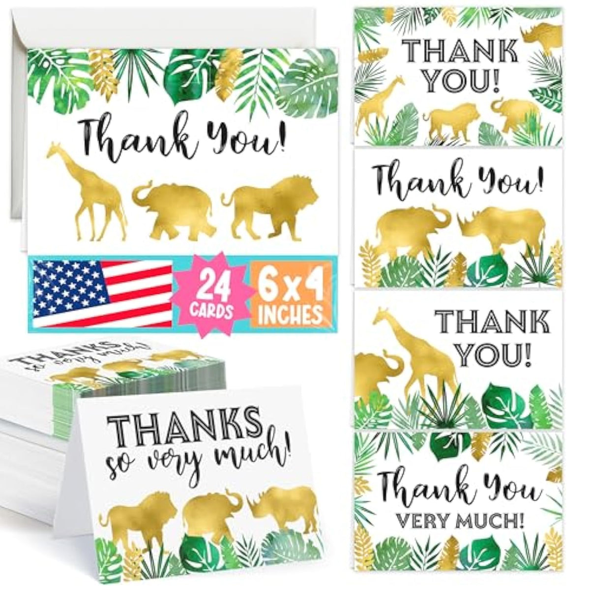 24 Kids Thank You Cards Birthday - 4X6 Jungle Safari Baby Shower Thank You Cards With Envelopes Kids Thankyou Notes Bulk, Blank Teacher Appreciation Notes, Party Supplies, Made In Usa