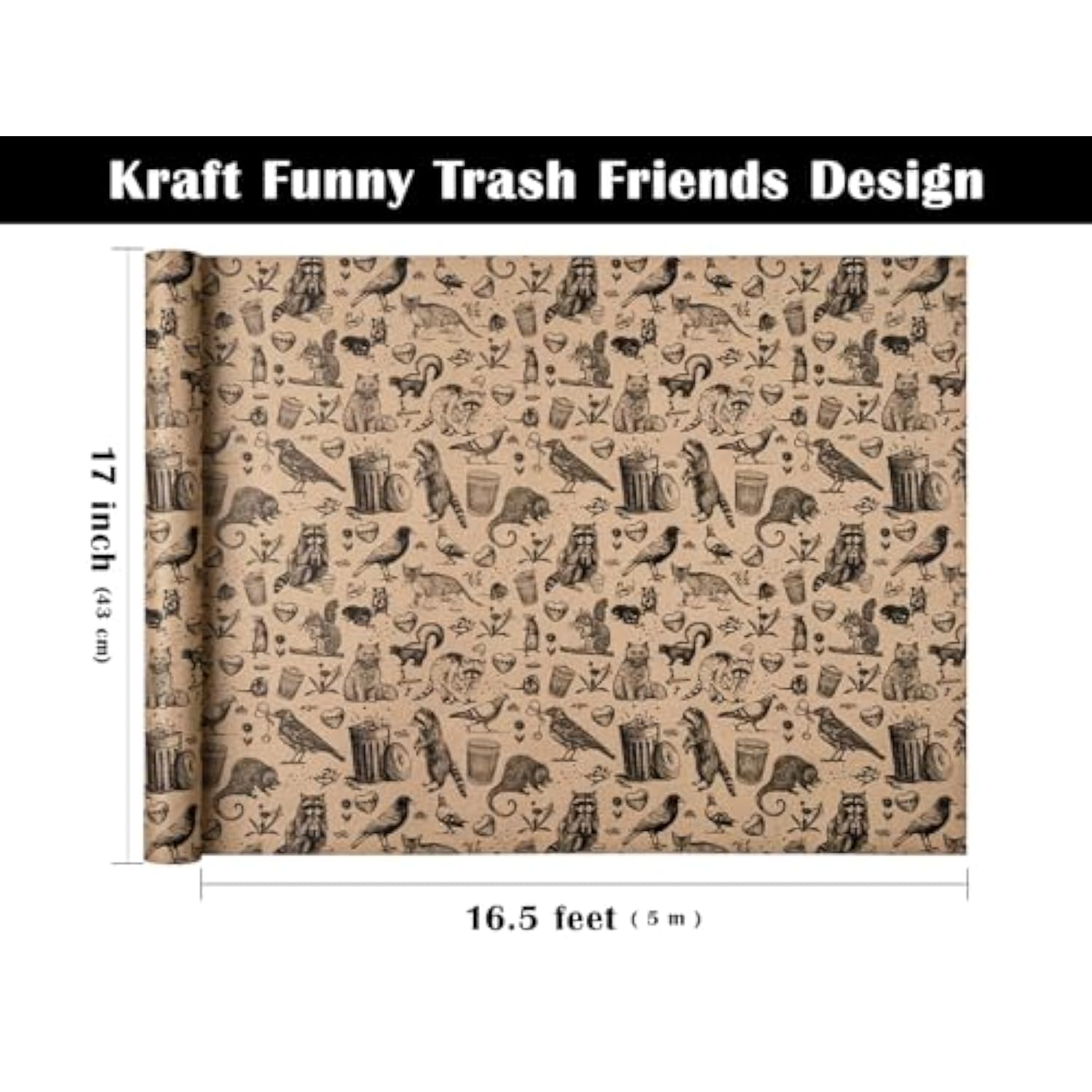Kraft Animal Wrapping Paper Roll - Mini Roll - 17 Inch X 16.5 Feet - Vintage Funny Trash Friends Opossum Rat Crow Cat Skunk Mouse Design Perfect For Birthday, Party, Holiday