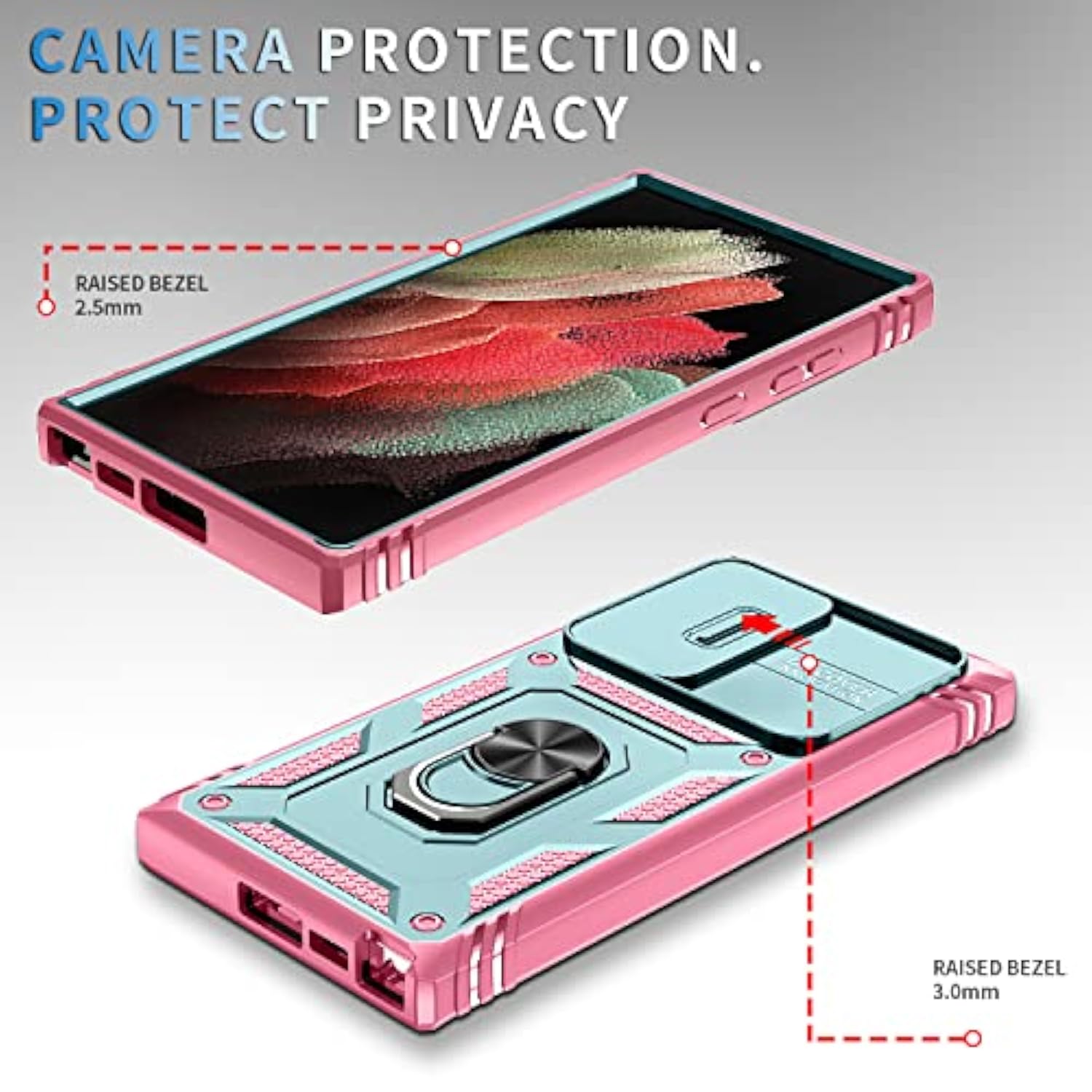 Case For Galaxy S23 Ultra, Slide Lens Protective Case Shockproof Impact Resistant With Kickstand Cover Case For Samsung Galaxy S23 Ultra 6.8" (Pink Green)