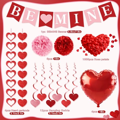 Valentines Day Decorations, Valentines Banner, Love Heart Garlands, Hanging Swirls, Red Heart Balloons and Rose Petals for Valentines Wedding Engagement Anniversary Romantic Party