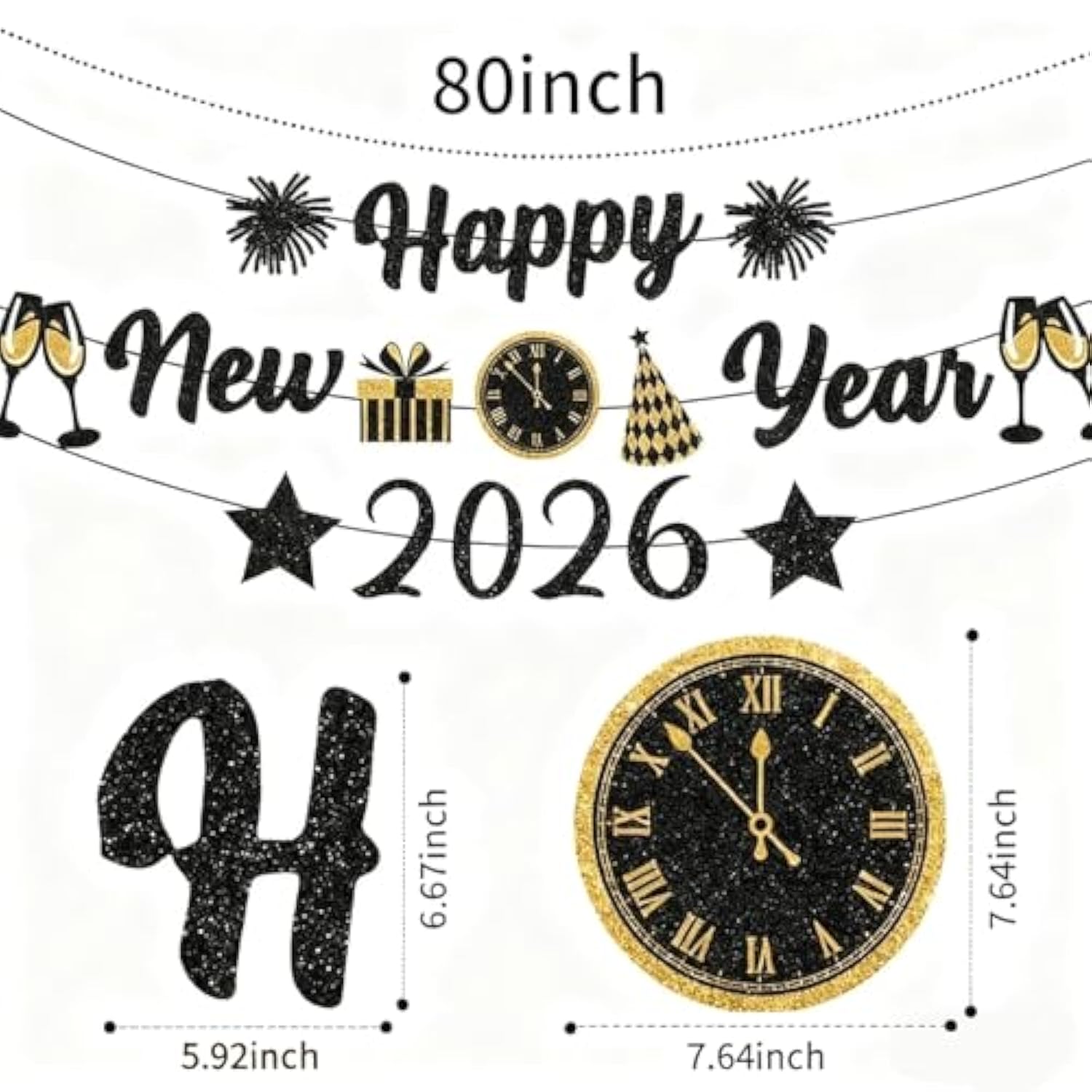 Black Gold Happy New Year 2026 Glitter Banner Party Decorations