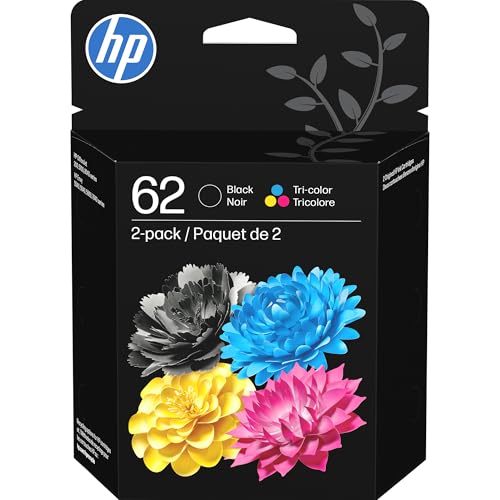 62 Black/Tri-Color Ink (2-Pack) | Works With Envy 5540, 5640, 5660, 7640, Officejet 5740, 8040, Officejet Mobile 200, 250 | Instant Ink Eligible | N9H64Fn | Packaging May Vary