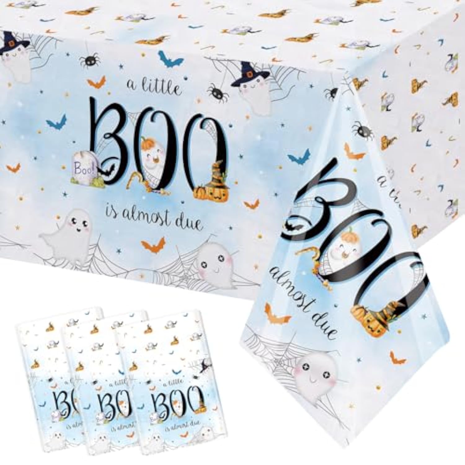 3 Pack Little Boo Tablecloth, Disposable Plasticable A Little Boo Is Almost Due Baby Boy Table Cloth Rectangle 54X108 Inch, Table Cover For Blue Halloween Baby Shower Deco Party Supplies