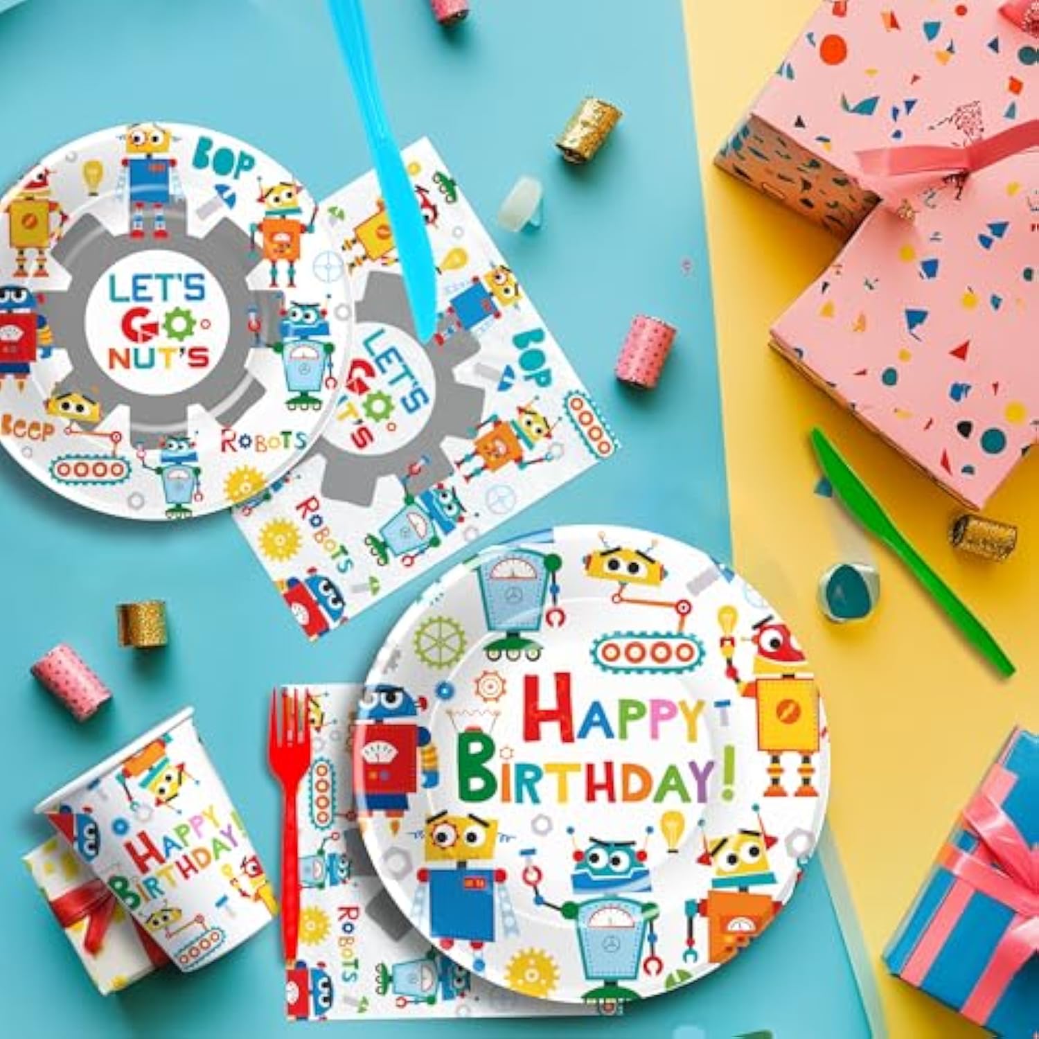 Robot Birthday Party Supplies, Let'S Go Nuts Theme Robot Party Decorations For Birthday Baby Shower, Paper Plate, Cup, Napkin, Swirls, Banner, Tablecloth, Cutlery, Serves 24