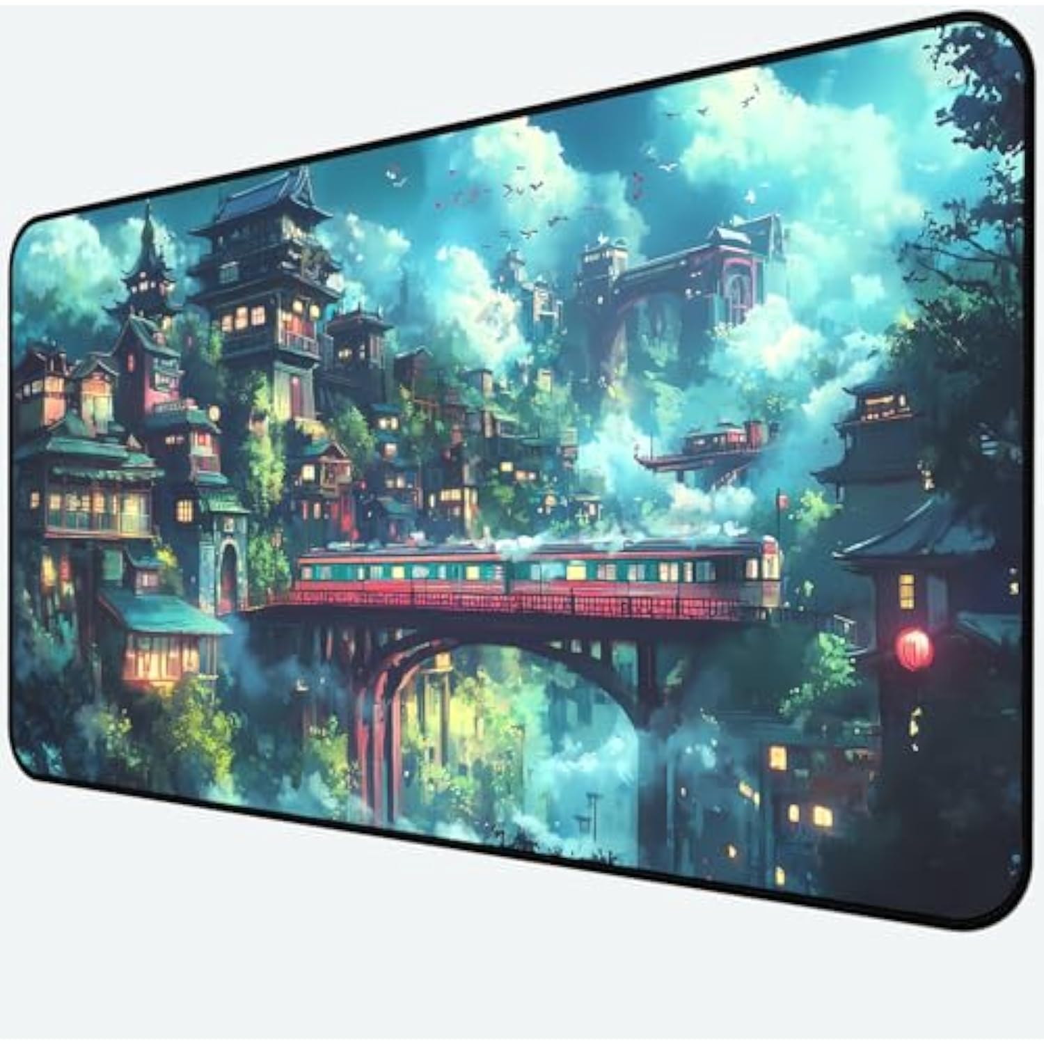 Japanese Anime Desk Mat, Green Forest Mouse Mat Xxl, Game Desk Pad, Fantasy Architecture Computer Keyboard Mat, Wireless Mousepad Large,Natural Landscape Home Office Desktop Decor 31.5"X15.7"
