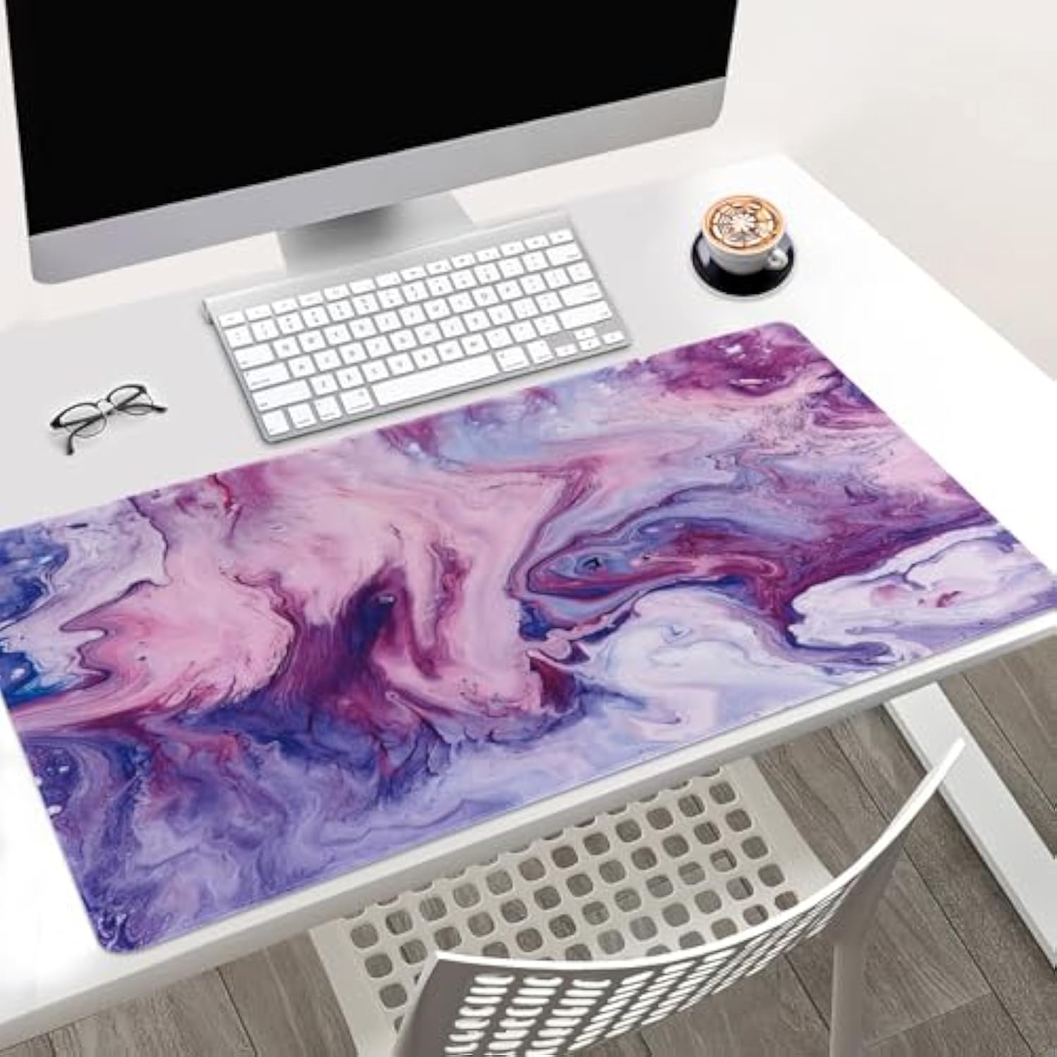Large Desk Mat With Marble Design, Purple And Blue, Extended Gaming Mouse Pad With Abstract Pattern, 31.5 X 15.7 Inches, Non-Slip Base