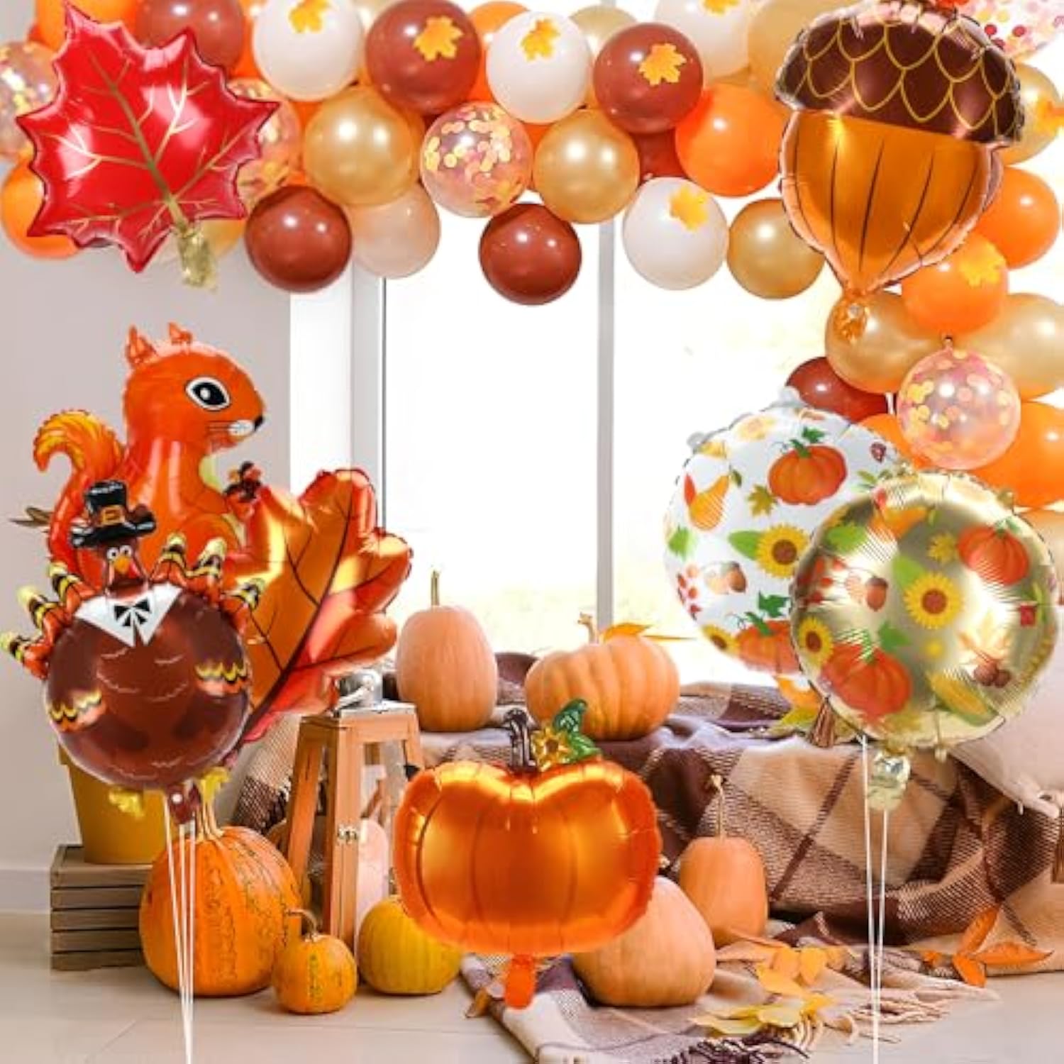 Thanksgiving Foil Balloon Set: Turkey, Pumpkin, Maple Leaf, Squirrel (8 Pcs)