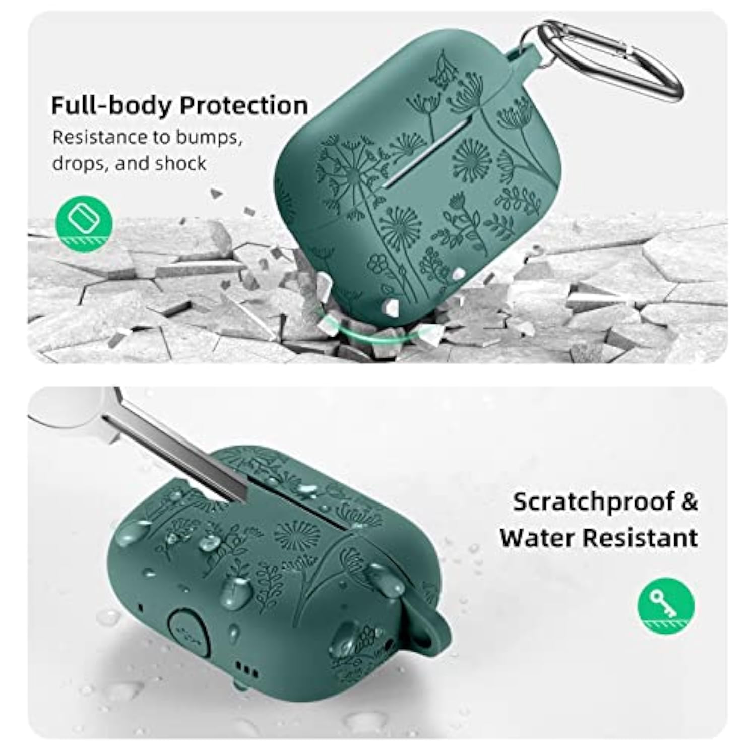 For Airpods Pro 2 Case Cover, Flower Engraved Case Compatible With Apple Airpod Pro Case 2Nd / 1St Generation, Cute Soft Silicone Protection Cover For Wowen With Keychain Accessories,Pinegreen