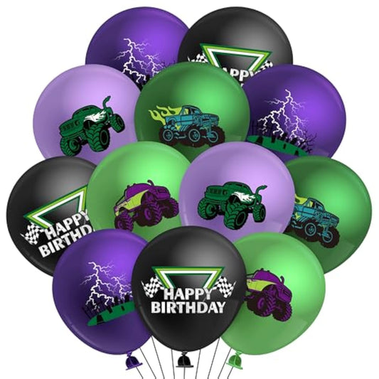 Monster Truck Birthday Balloon - 50Pcs Green Purple Monster Truck Lightning Print Latex Balloon Kit For Kid Boy Baby Shower Happy Birthday Themed Party Decoration Photo Prop Backdrop Supply
