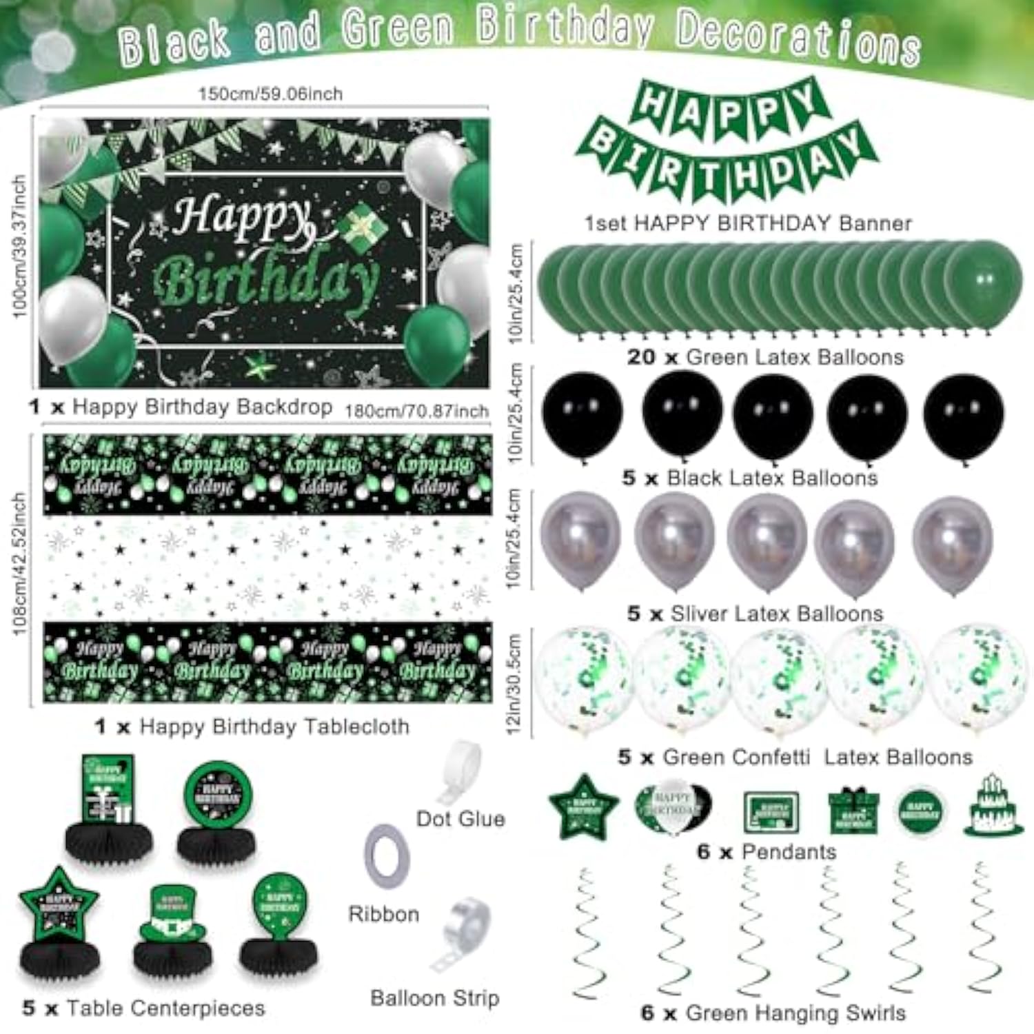 Green And Black Birthday Decorations, Green Party Decorations For Men Boys Women Girls With Balloons Arch Garland Kit Happy Birthday Banner Tablecloth Backdrop Decorations Bady Party Supplies