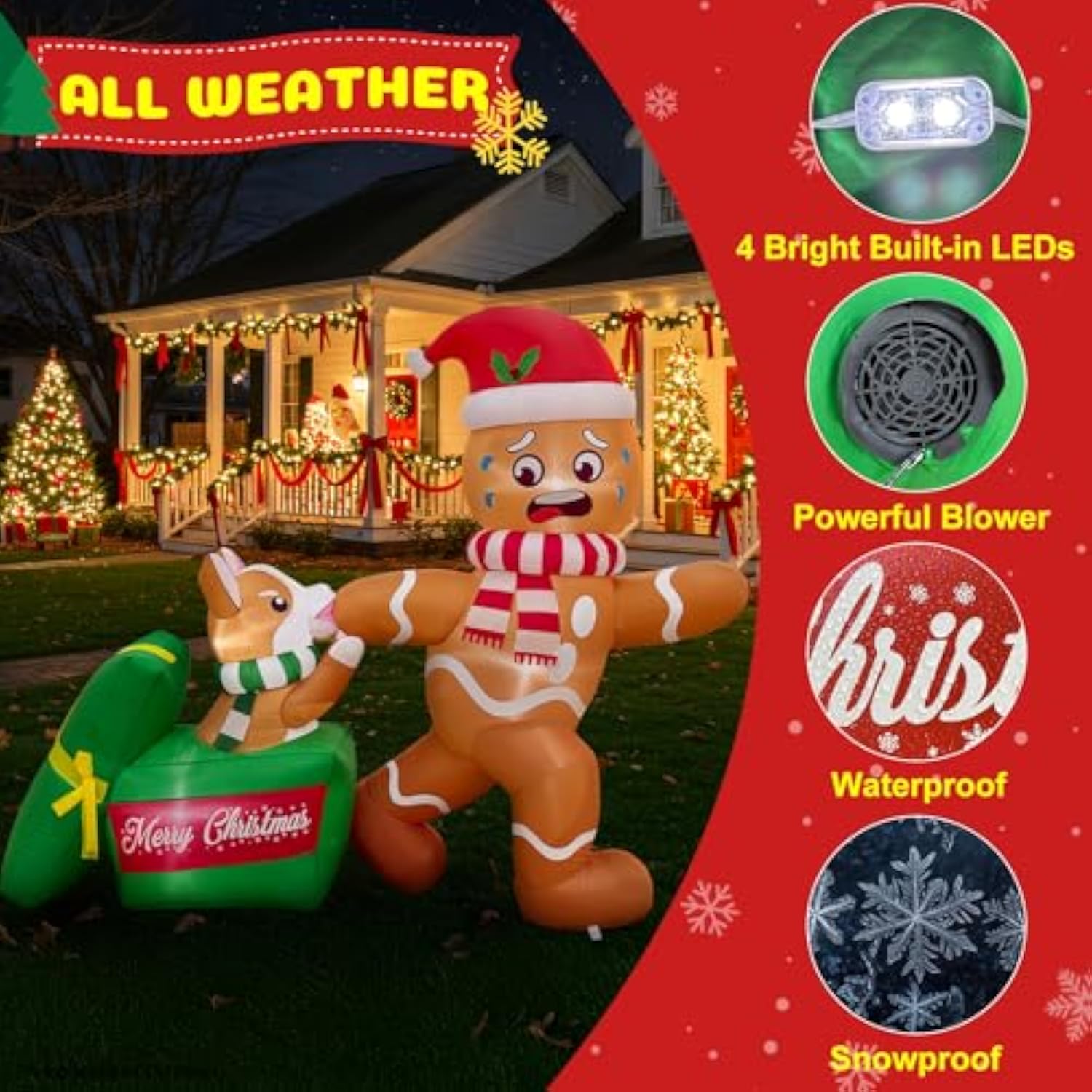 5 Ft Christmas Inflatable Outdoor Decoration, Dog Biting Gingerbread Inflatable With Led Lights, Funny Christmas Blow Up
