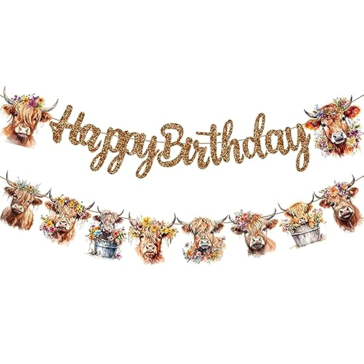 Brown Glitter Highland Cow Birthday Banner - Cattle Themed Party Decorations For Baby Shower Supplies