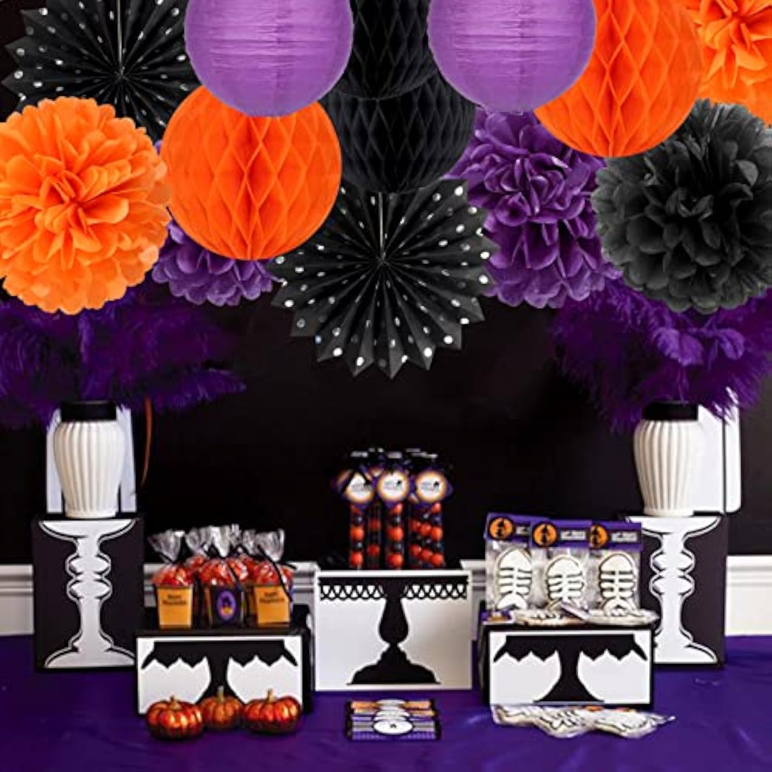 Halloween Party Decoration Kit: Black, Orange & Purple Paper Lanterns, Pom Poms