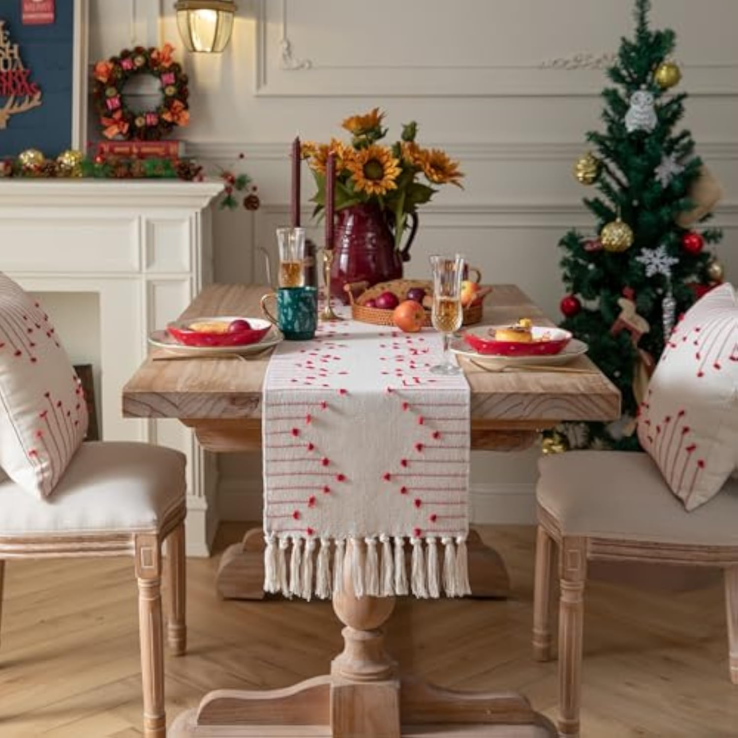 Christmas Table Runner 13 X 90 Inch Long Natural Cotton Woven Runner With Tassels For Home Dining Christmas Decorations, For Modern Farmhouse Holiday Boho Table Runner, Red And Beige