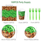 100 Pcs Pixel Gaming Party Supplies Set - Including Plates, Cups, Napkins And Forks For 20 Guests, Pixel Themed Birthday Party Decoration