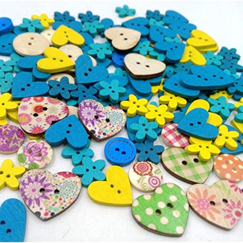 100Pcs Blue Yellow Wooden Craft Buttons Small Cute Wood Sew Buttons Assorted D