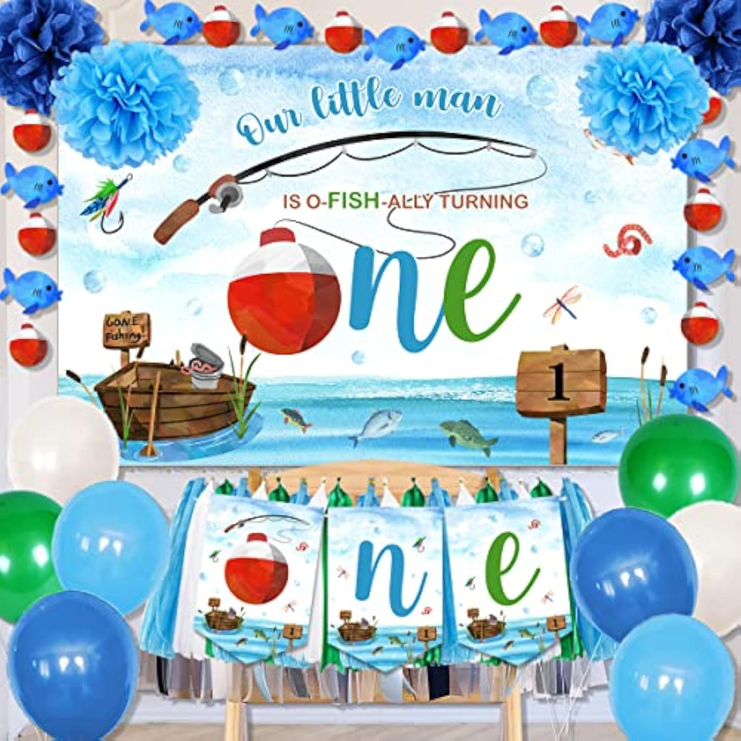 Ofishally One Birthday Decorations Gone Fishing 1St Birthday Party Supplies Our Little Man Is Ofishally Turning One Backdrop Banner Balloons Theme Party Decorations For Baby Boy