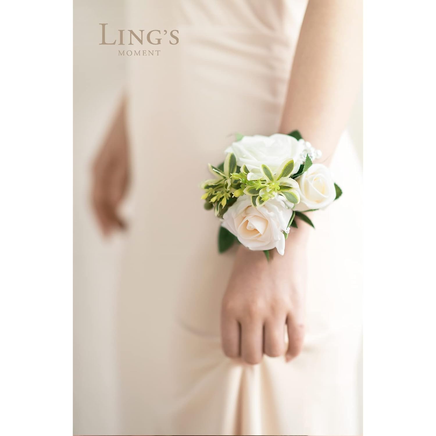 2Pcs Homecoming Wrist Corsage Artificial Flowers, Girl/Mother Corsages Wristlet Décor For Prom/Wedding/Anniversary, Etc. White Ivory