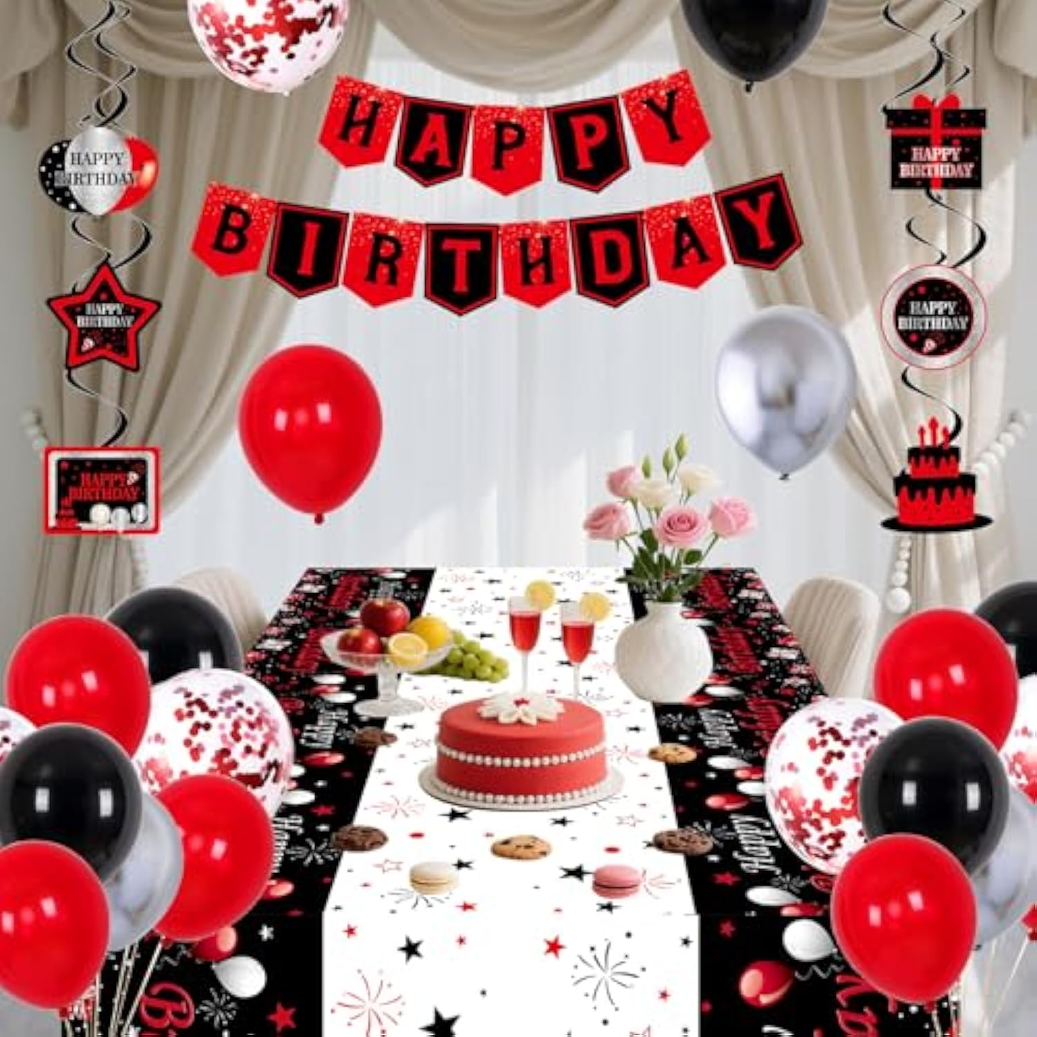 Black And Red Birthday Decorations For Men Women Boys Girls, Black And Red Party Decorations Happy Birthday Banner Backdrop Confetti Silver Balloons Arch Hanging Swirls Party Supplies Tablecloth