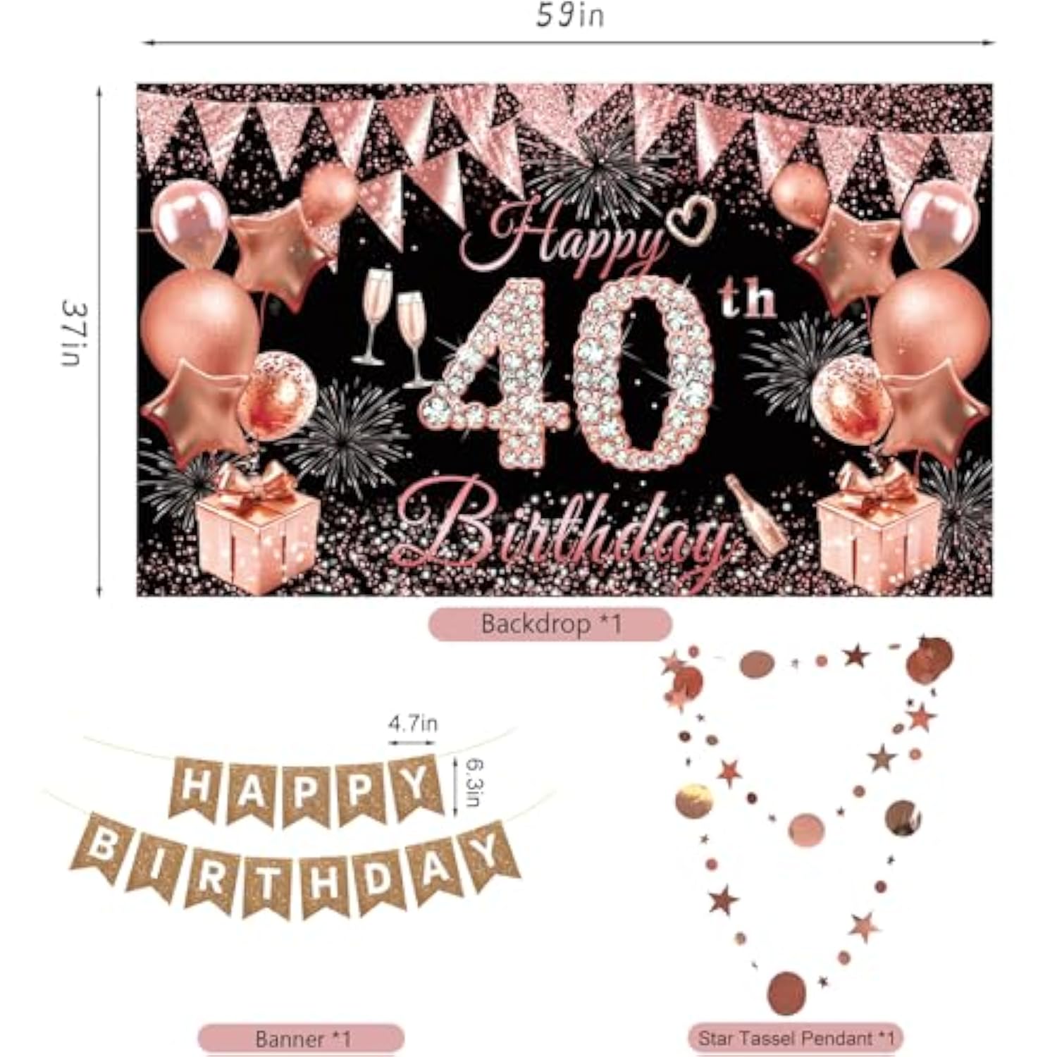 40Th Birthday Decorations For Women, Rose Gold Happy 40Th Birthday Decorations Banner Balloons Pompoms Backdrop Star Streamer, 40Th Birthday Party Supplies Set