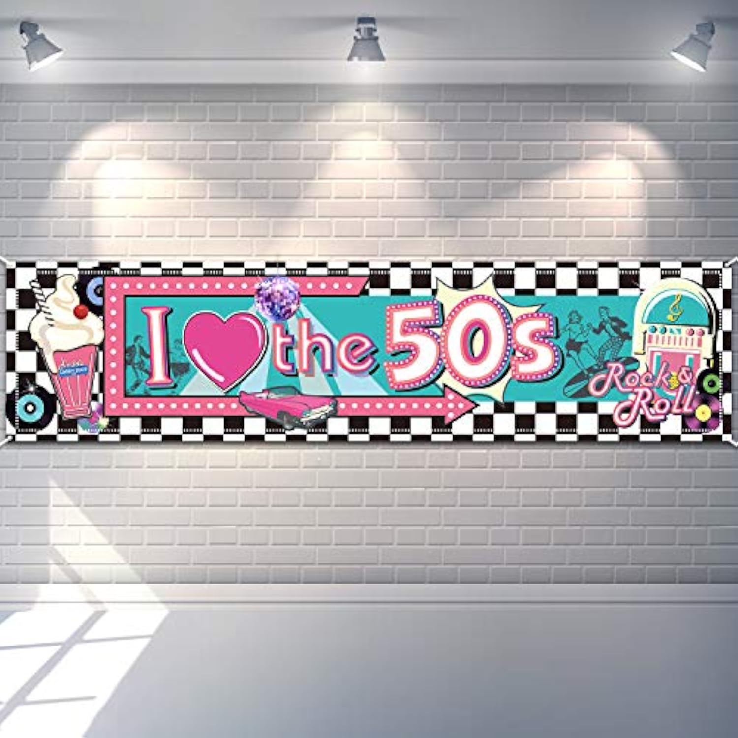 I Love the 50's Banner 1950s Rock & Roll Photo Booth Backdrop for Parties