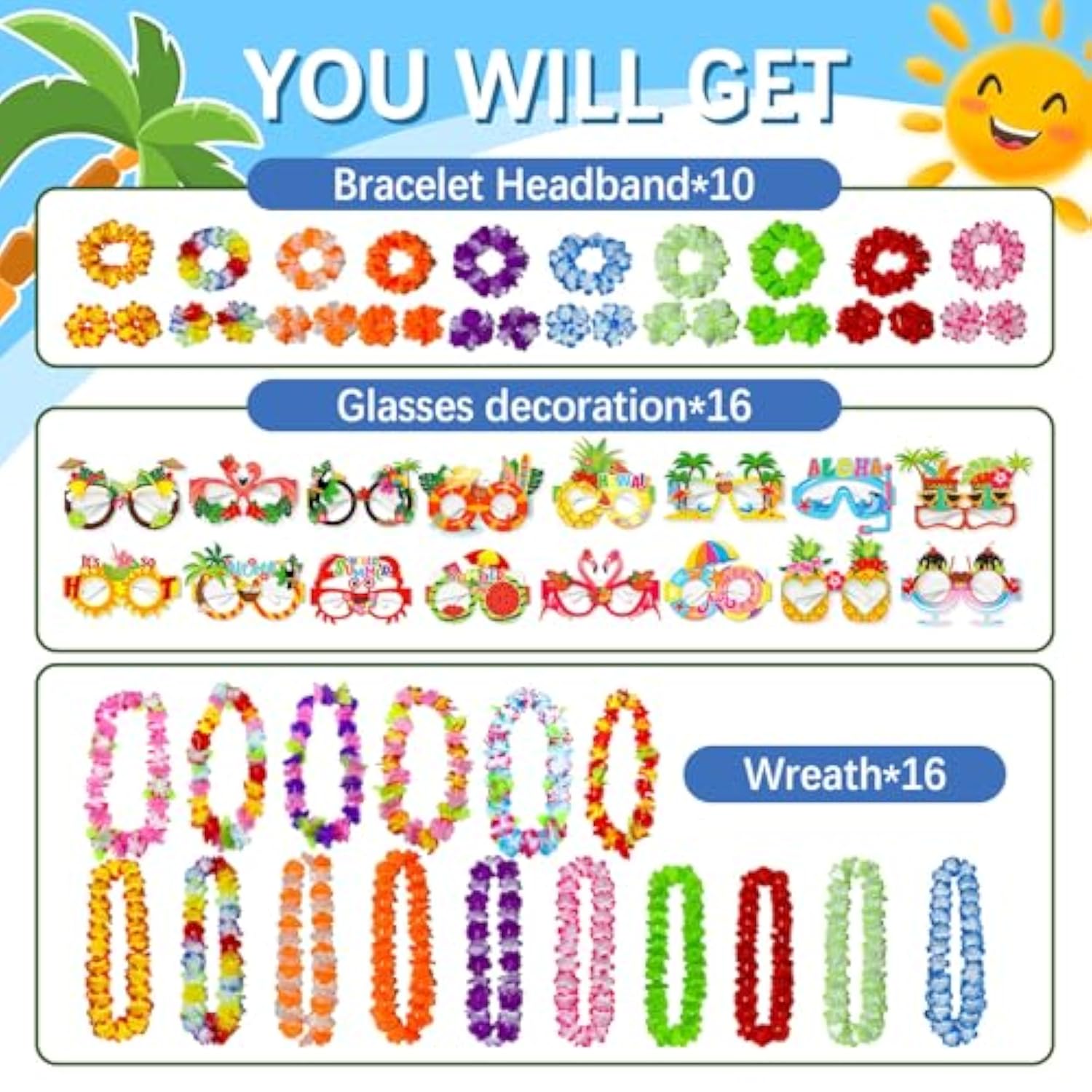62 Pcs Hawaiian Leis For Luau Party Hawaii Leis Bulk - Tropical Hula Dance Decor Flowers Necklaces, Flower Headbands, Paper Glasses, Summer Beach Hawaii Party Favors