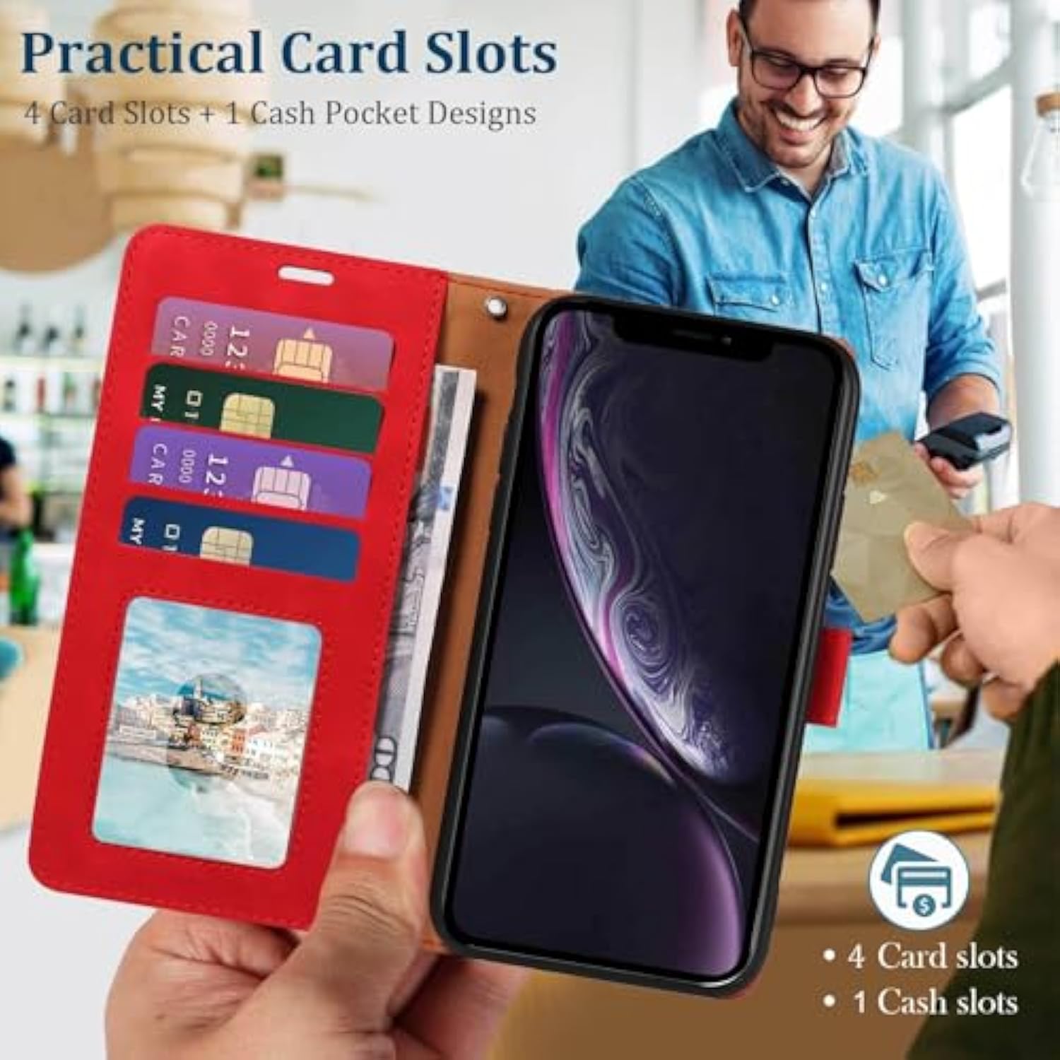 For Iphone Xr 2025 Wallet Case, Rfid Blocking 4 Card Slots Holder, Wrist Strap, Leather Shockproof Protective, Stand Folio Flip Cases Cover For Iphone Xr (Red)