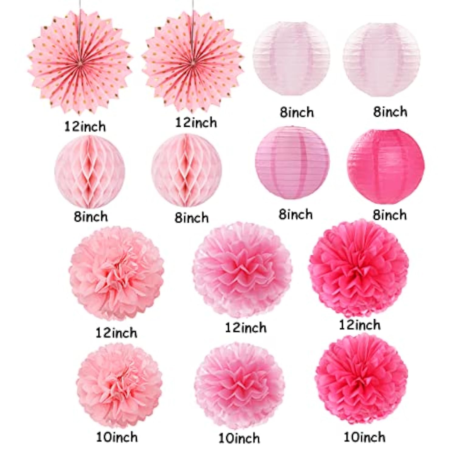 Rose Hot-Pink Valentines-Day Party-Decorations Streamers - 14Pc Girl Birthday Baby Shower Paper Lanterns Fan,Tissue Pom Poms,Honeycomb Balls,Bachelorette Bridal Wedding Supplies Decor