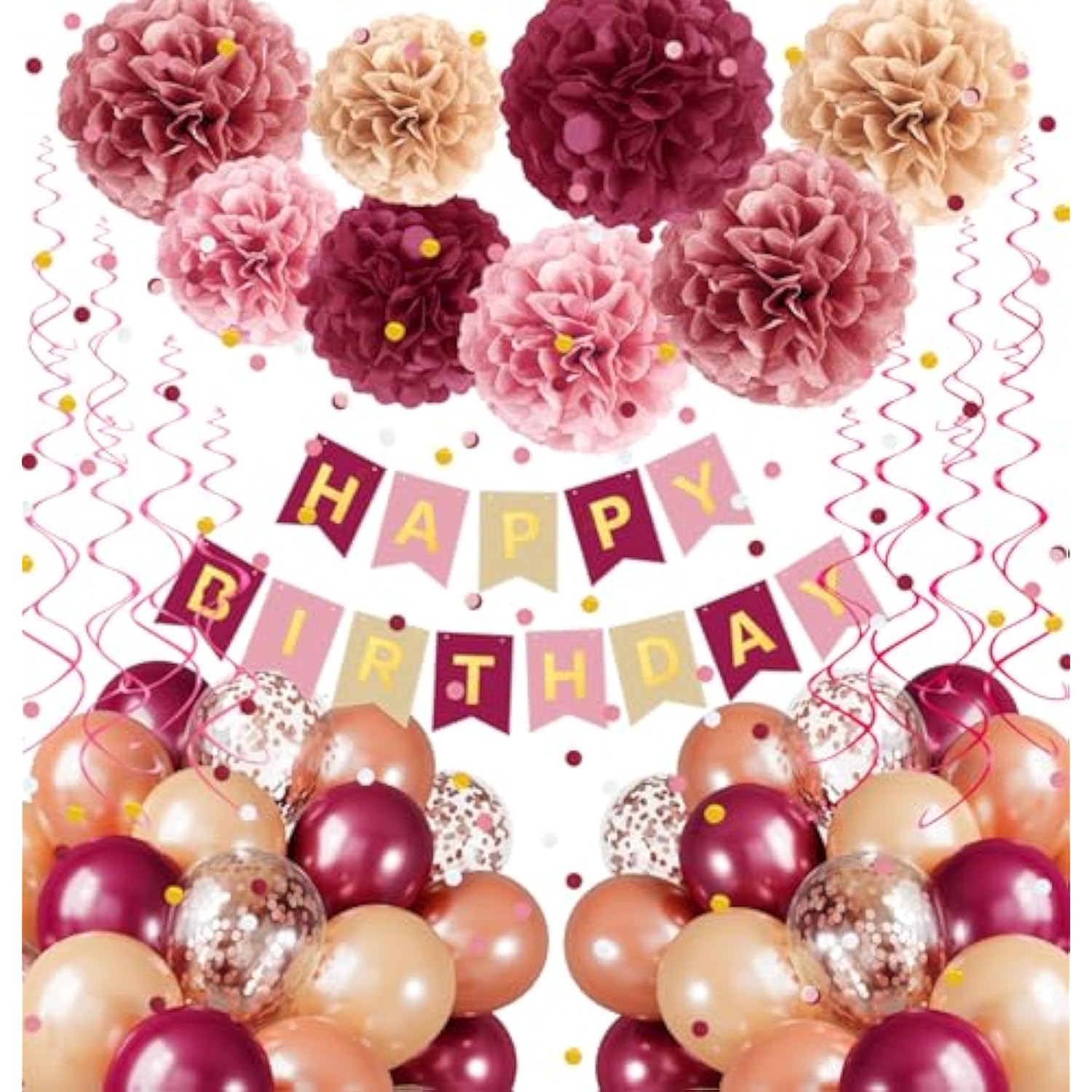 Pink Burgundy Birthday Décor Kit – Balloons, Pom Poms & Banner Set