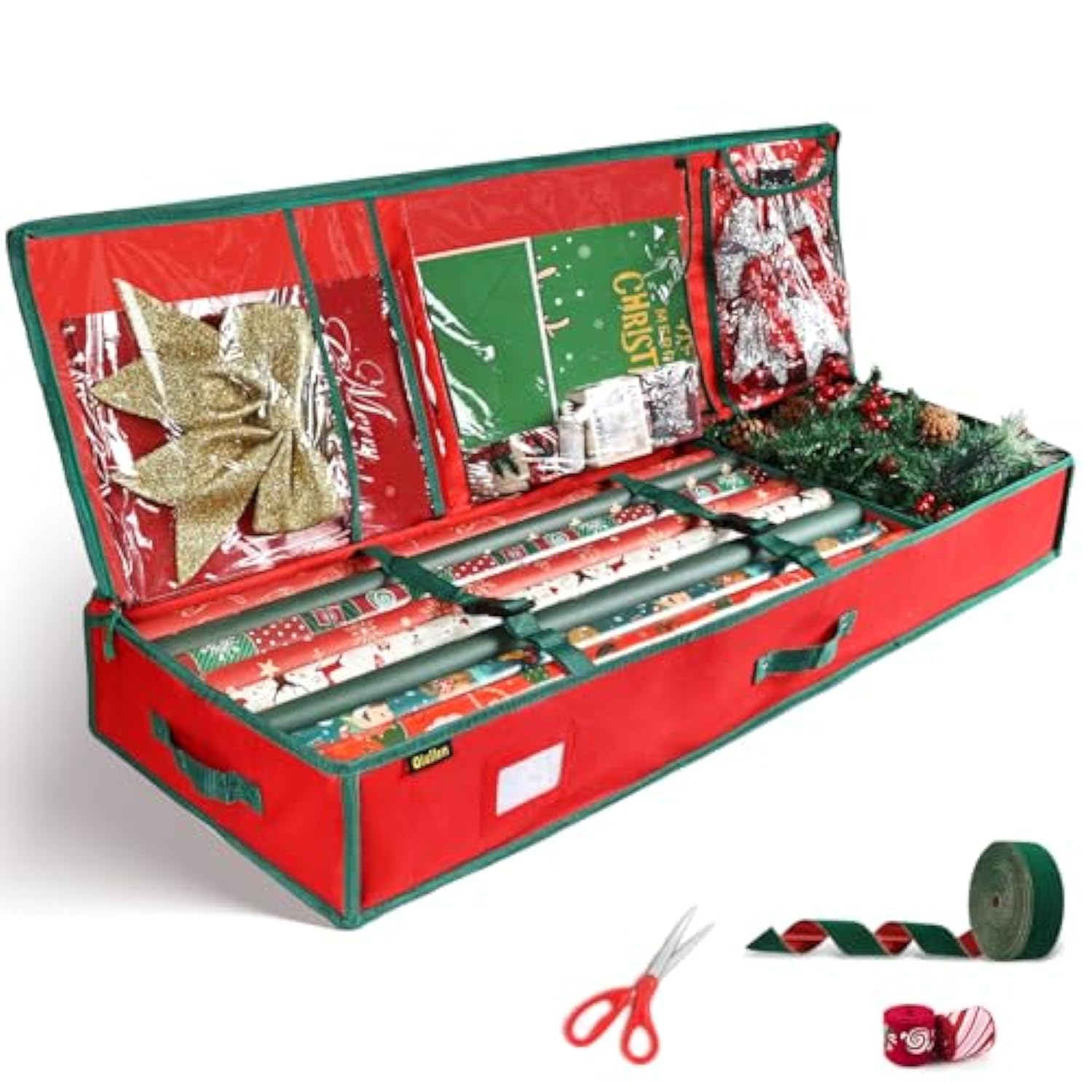 42'' Gift Wrap Organizer Christmas Wrapping Paper Storage Sturdy 600D Oxford Fabric Xmas Accessories Containers Bag Large Capacity Ornaments Storage Box (Red)