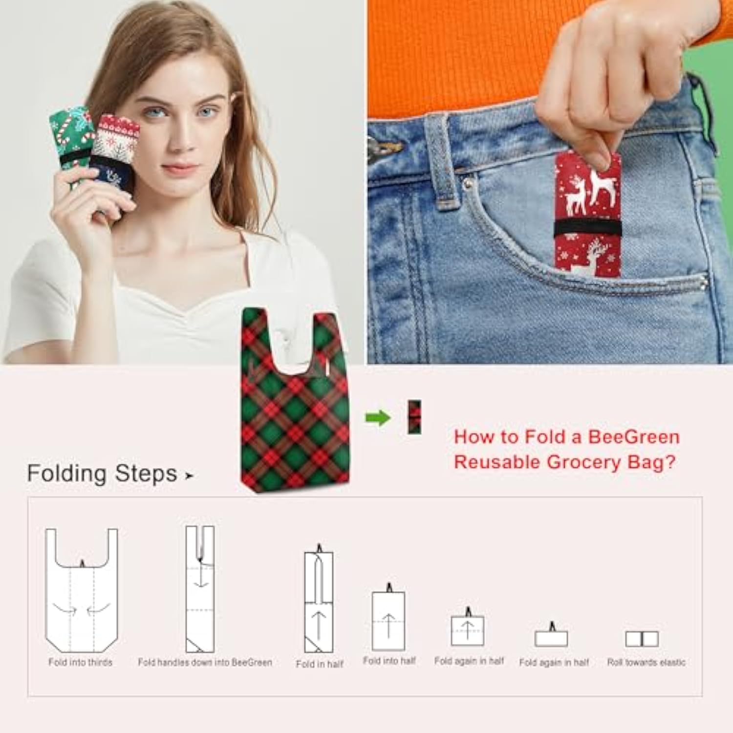 12 Pack Christmas Reusable Grocery Bags Christmas Gift- 50 Lbs Foldable Polyester Totes With Elastic Band And Storage Pouch For Shopping, Kitchen, Parties Shopping Bag Tote Bags Bulk