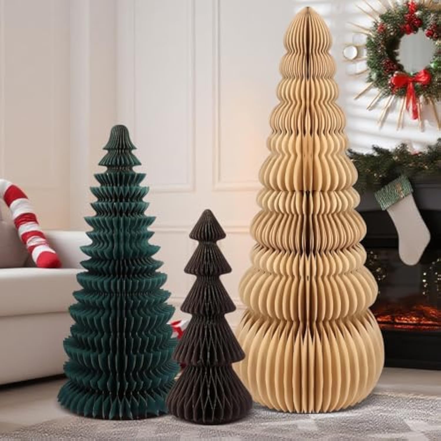 3 Pcs Large Honeycomb Christmas Tree - 4Ft 3Ft 2Ft Paper Christmas Folding 3D Home Decoration Set With Magnetic Design For Winter Holiday Festive Party (Classic,Beige,Green,Brown)