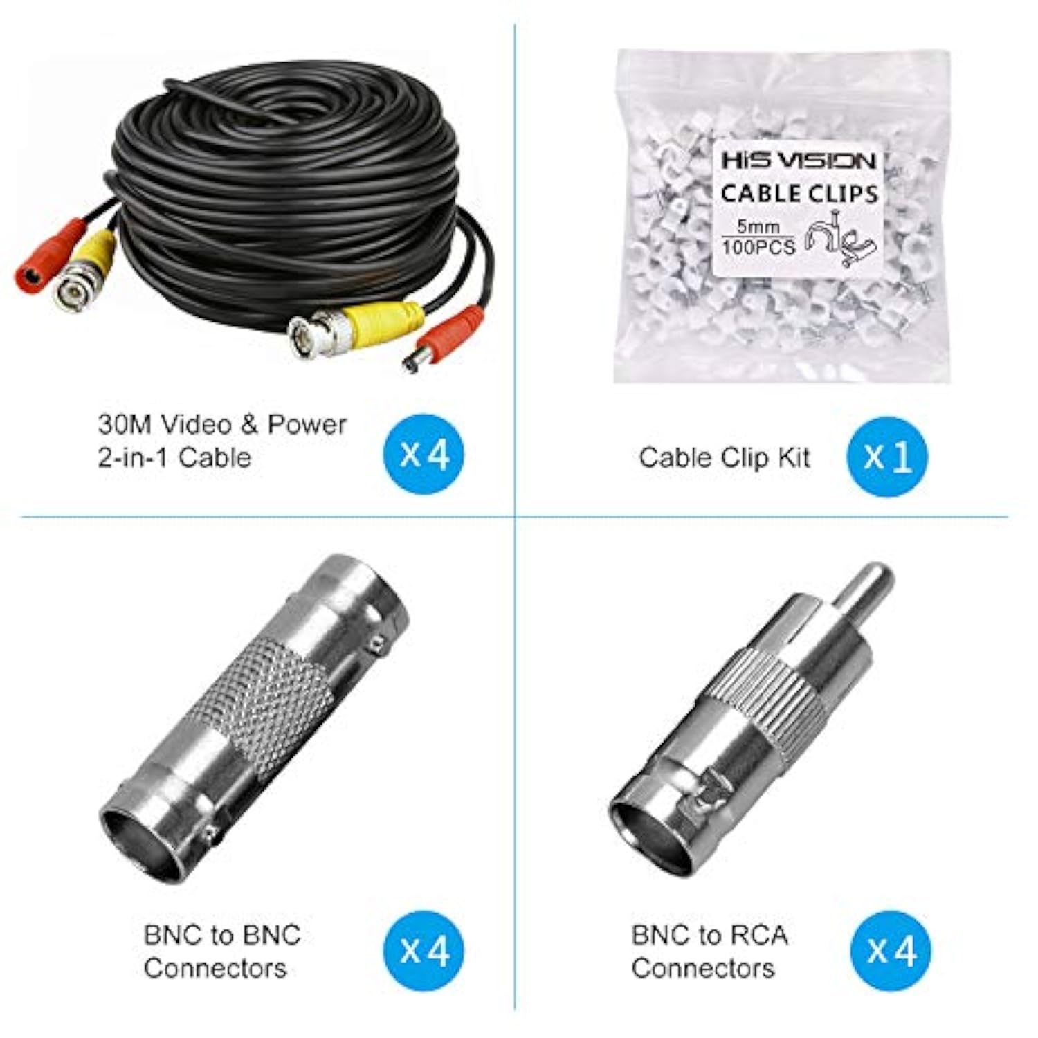 4 Pack 30M/100Ft All-In-One Bnc Video Power Cables, Extension Surveillance Camera Cables For Cctv Security Dvr System Installation, Free 8Pcs Bnc Connectors And 100Pcs Cable Clips (Black)