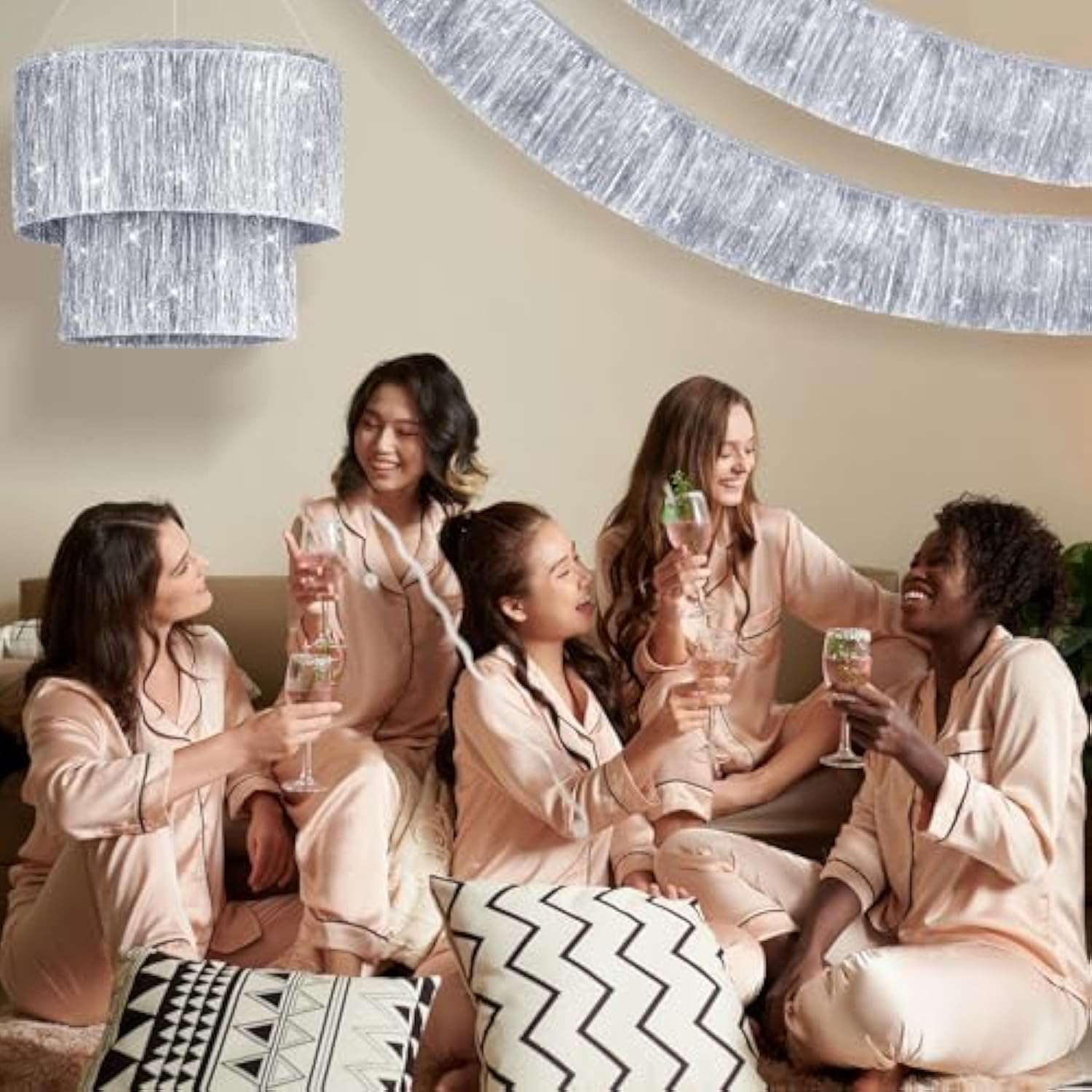 4 Pcs 2 Tier Iridescent Fringe Tinsel Chandelier 5 Ft Iridescent Fringe Banner Shimmering Foil Party Disco Ball Decor Shiny Ceiling Banner For Wedding Birthday 1920S Themed Parties(Silver)