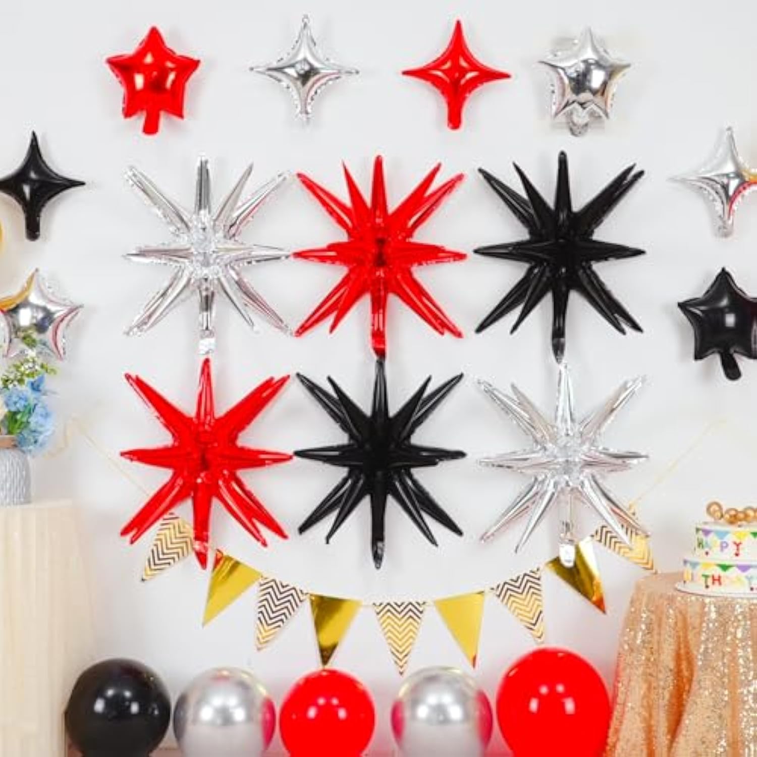 14pc Red, Black & Silver Star Balloon Kit 22" Explosion & 10" Star Foils