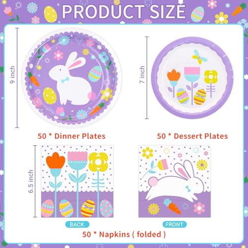Happy Easter Party Supplies 150 Count, Easter Bunny Disposable Tableware Set 9" Paper Plates 7" Dessert Plates and 3 Ply Luncheon Napkins for Hip Hop Easter Party Decorations, Serve 50