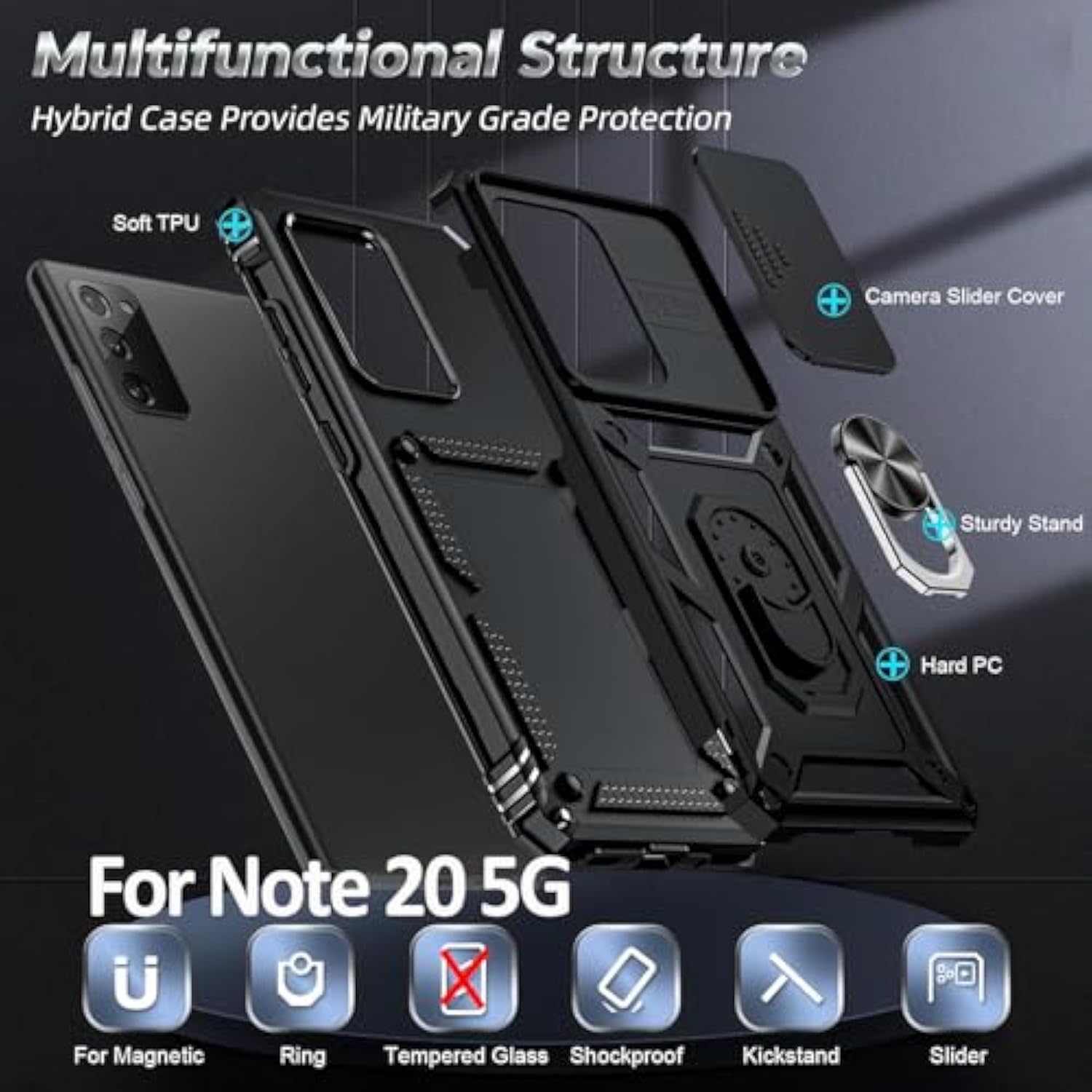For Galaxy Note-20 Case: ?????? ?????? ???????? ???? ??????????, Samsung Note 20 Phone Case 5G, Android Mobile Cover Note20 Shell Unlocked With Ring Funda Para Samsung Galaxy Note 20 5G, Black