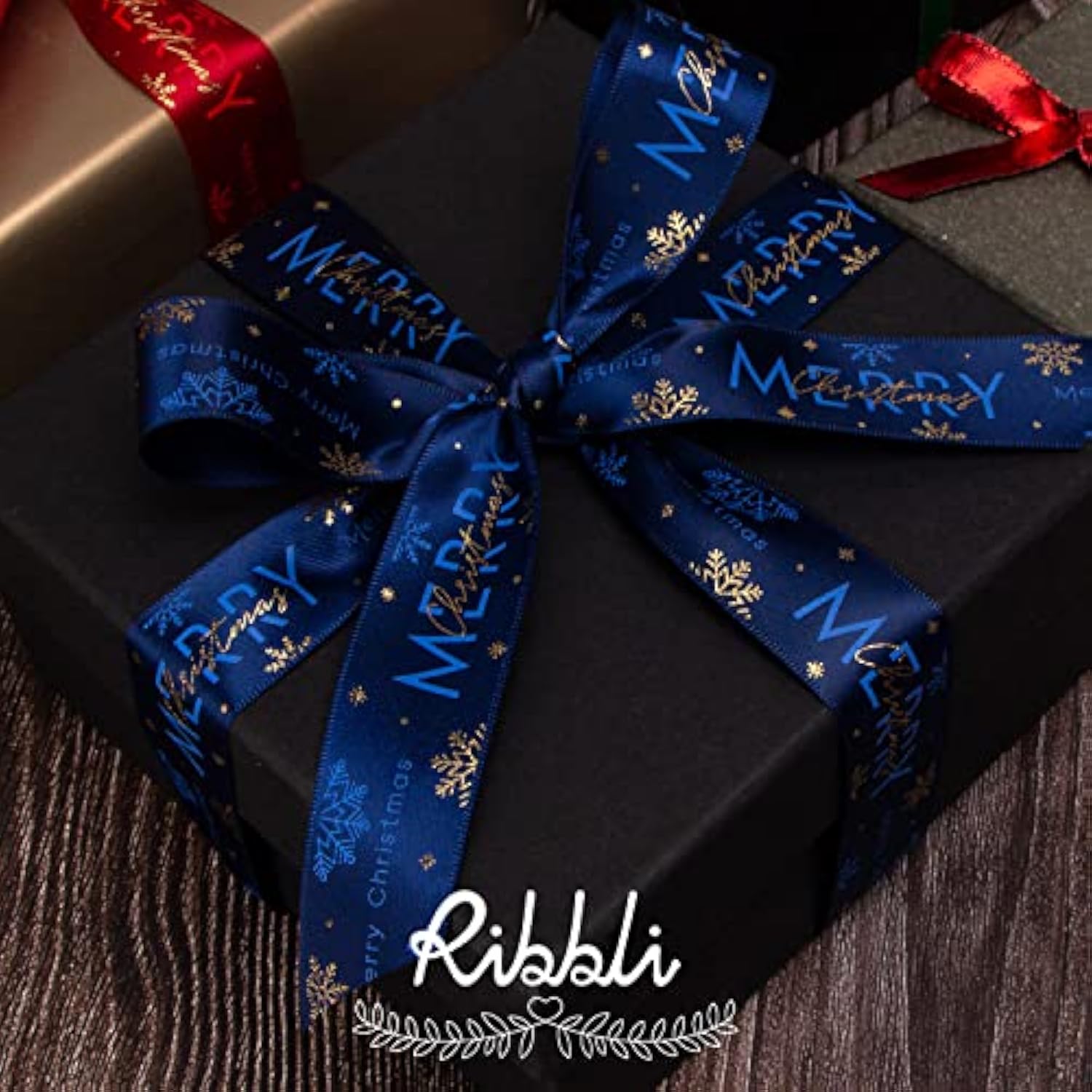 2 Rolls Christmas Ribbon For Wrapping,Red And Blue Ribbon With Gold Sn