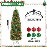 41 Pcs 7 Ft Artificial Slim Christmas Tree With 250 Led Warm White String Lights 40 Red Green Ball Ornaments Skinny Thin Pencil Tree With Metal Stand For Home Xmas Holiday Party Decoration