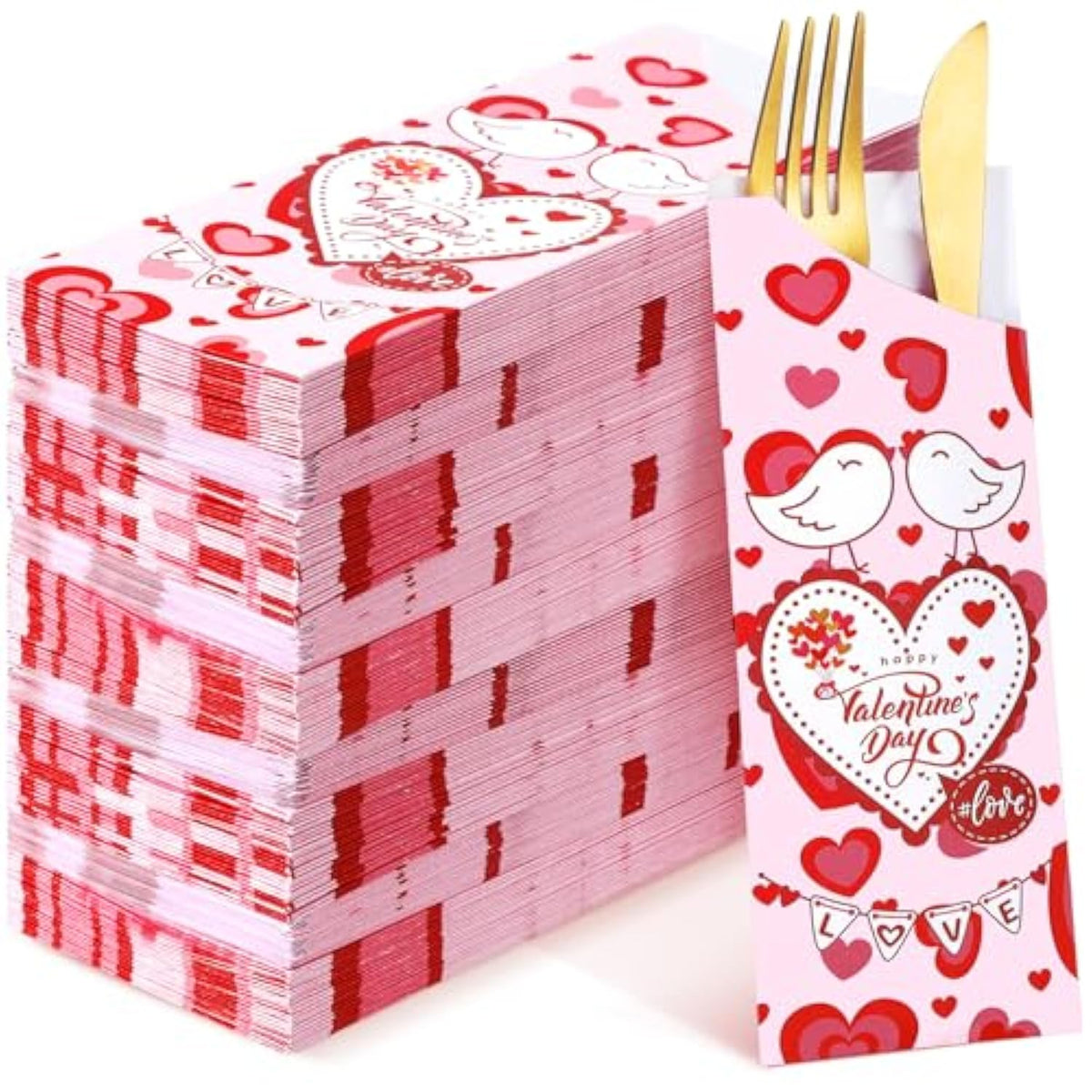 100 Pcs Valentine'S Day Silverware Bag Pink Paper Utensil Holder For Valentine'S Day Party Supplies Disposable Silverware Pocket Sleeves Cutlery Holder For Wedding Party Table Centerpiece Decor
