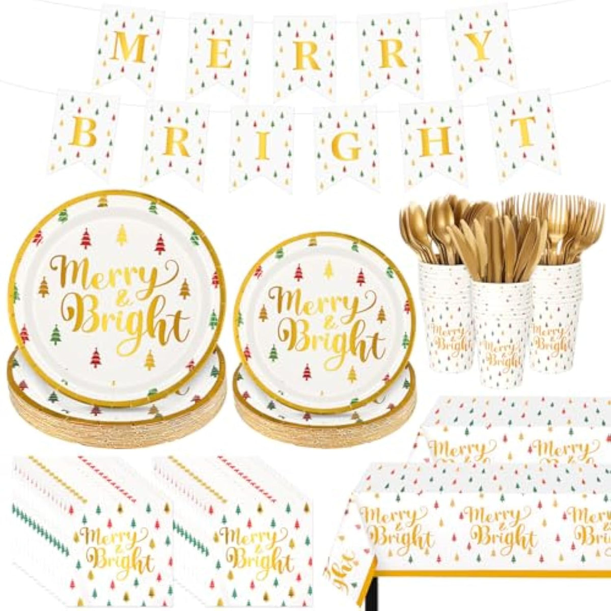 195 Pcs Christmas Party Supplies Disposable Tableware Set Christmas Plates Tablecloth Banner Napkins Cups Forks Knife Spoons Xmas Dinnerware For 24 Guests Holiday Decorations(Merry Bright)