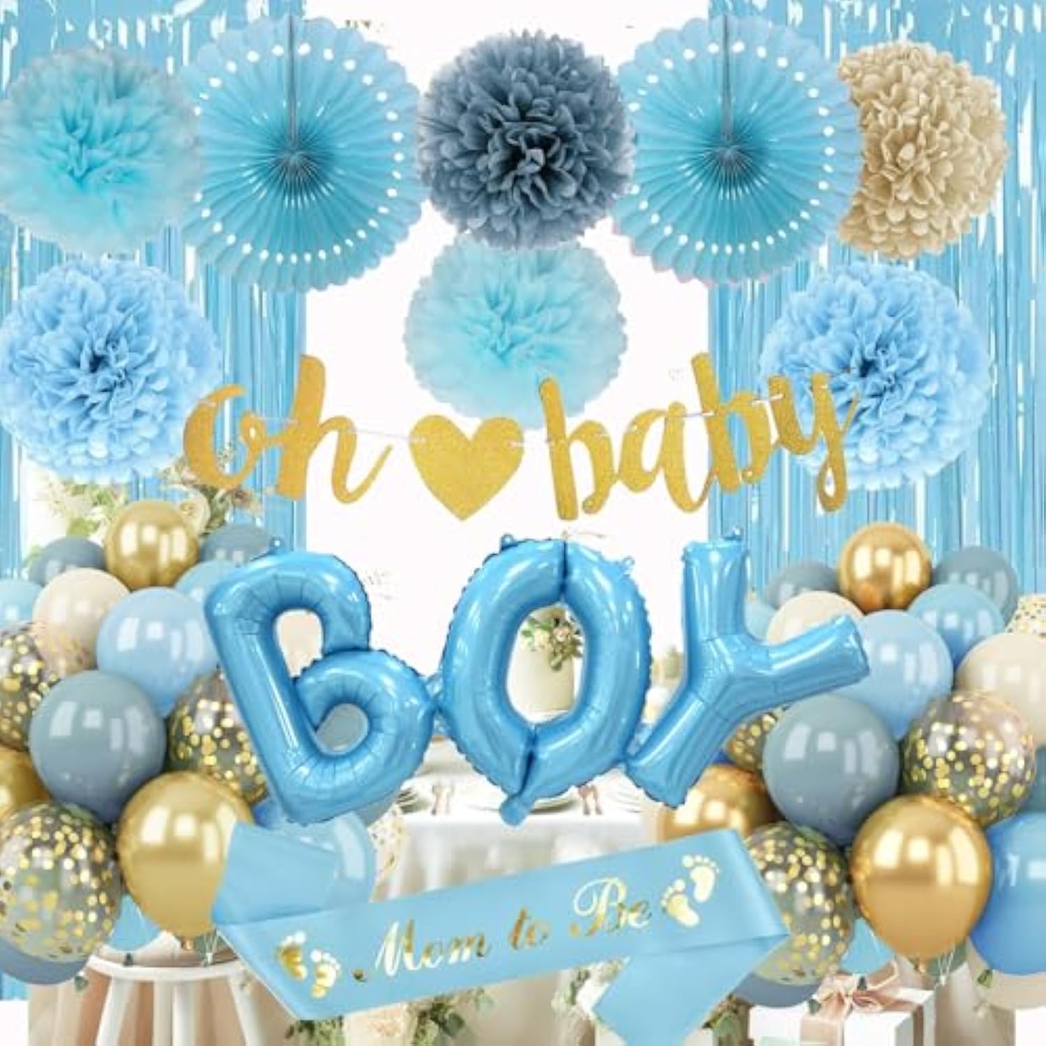 Baby Boy Shower Decorations - Dusty Blue Baby Shower Decorations - Welcome Baby Boy Decoration With Blue Balloons, Paper Pom Poms,Mom To Be Sash For Boys Baby Shower Decor Gender Reveal Party