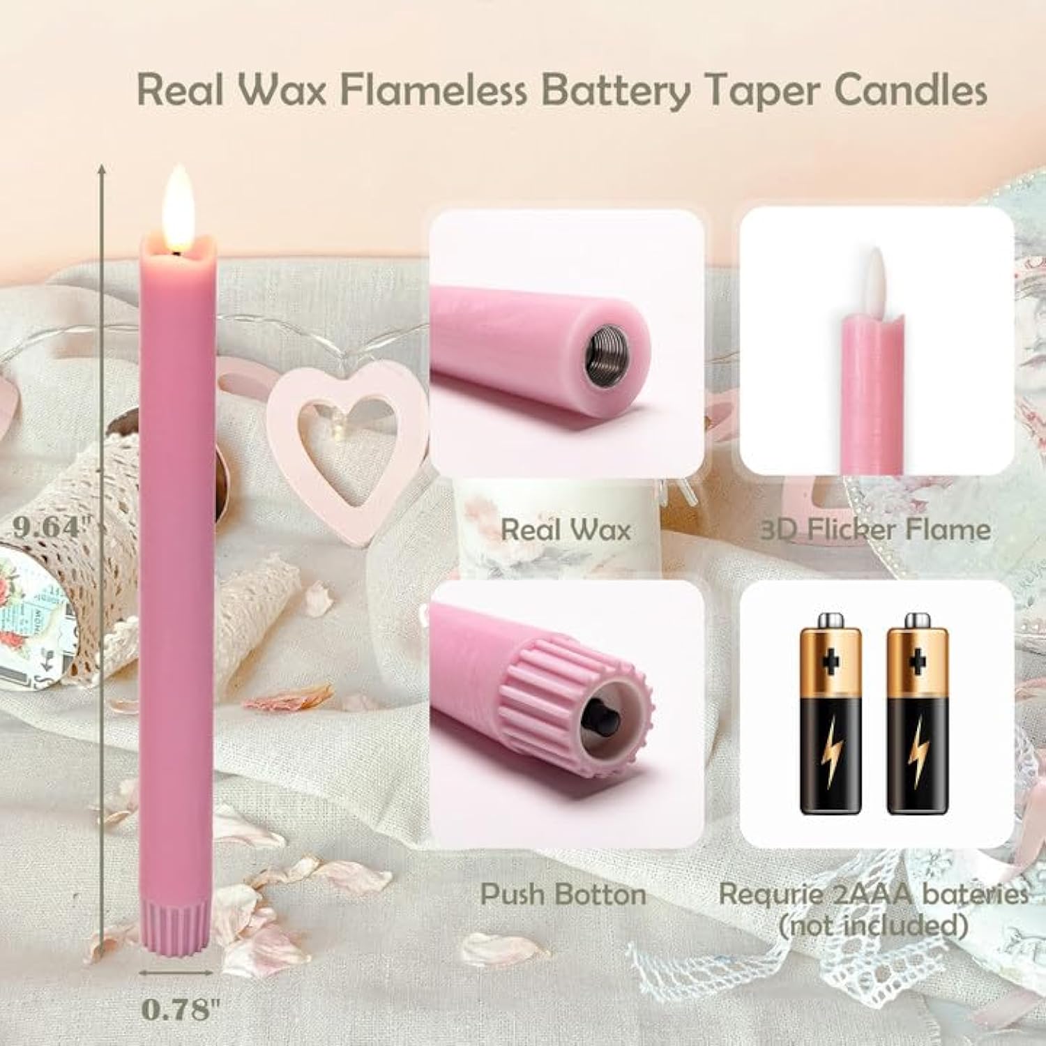 Flameless Taper Candles With Remote, Real Wax Battery Operated Led Candles Set With 3D Flickering Flame, 9.6" Realistic Dripless Candlesticks For Valentine'S Day Decor, 3 Pack Pink