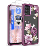 For Samsung Galaxy A12 5G Case, With Tempered Glass Screen Protector, Military Grade Drop Tested Hard Back & Soft Edge Slim Flower Women Girls Protective Cover For A12 (Purple)