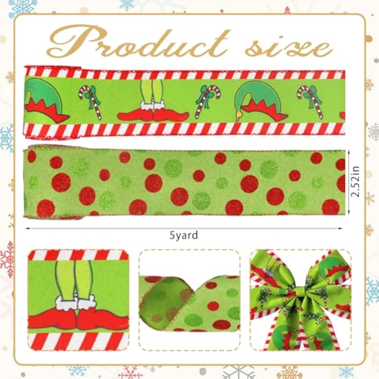 2 Rolls Christmas Ribbon For Wreath Bow Wrapping Gifts, Green Dots Monster Ribbon For Gift Wrapping Party Supplies Decoration Diy Crafts 2.5" X 10 Yard Wired Winter Christmas Wreath Ribbon