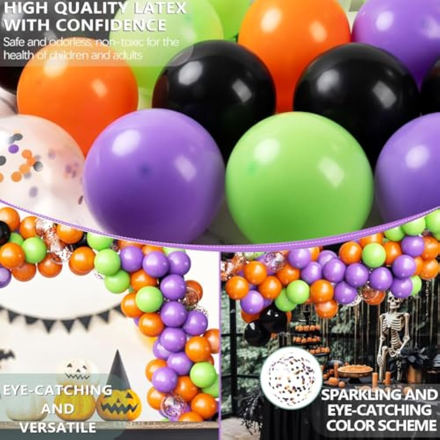 62Pcs Halloween Balloons Set - 12" Black, Orange, Green, Purple & Confetti Party Decor