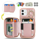 For Iphone 12 Case Wallet With Card Holder,For Iphone 12 Pro Phone Case Wallet With Zipper With Slot Kickstand Stand Case For Women And Man 5G 6.1 Inch-Rose Gold